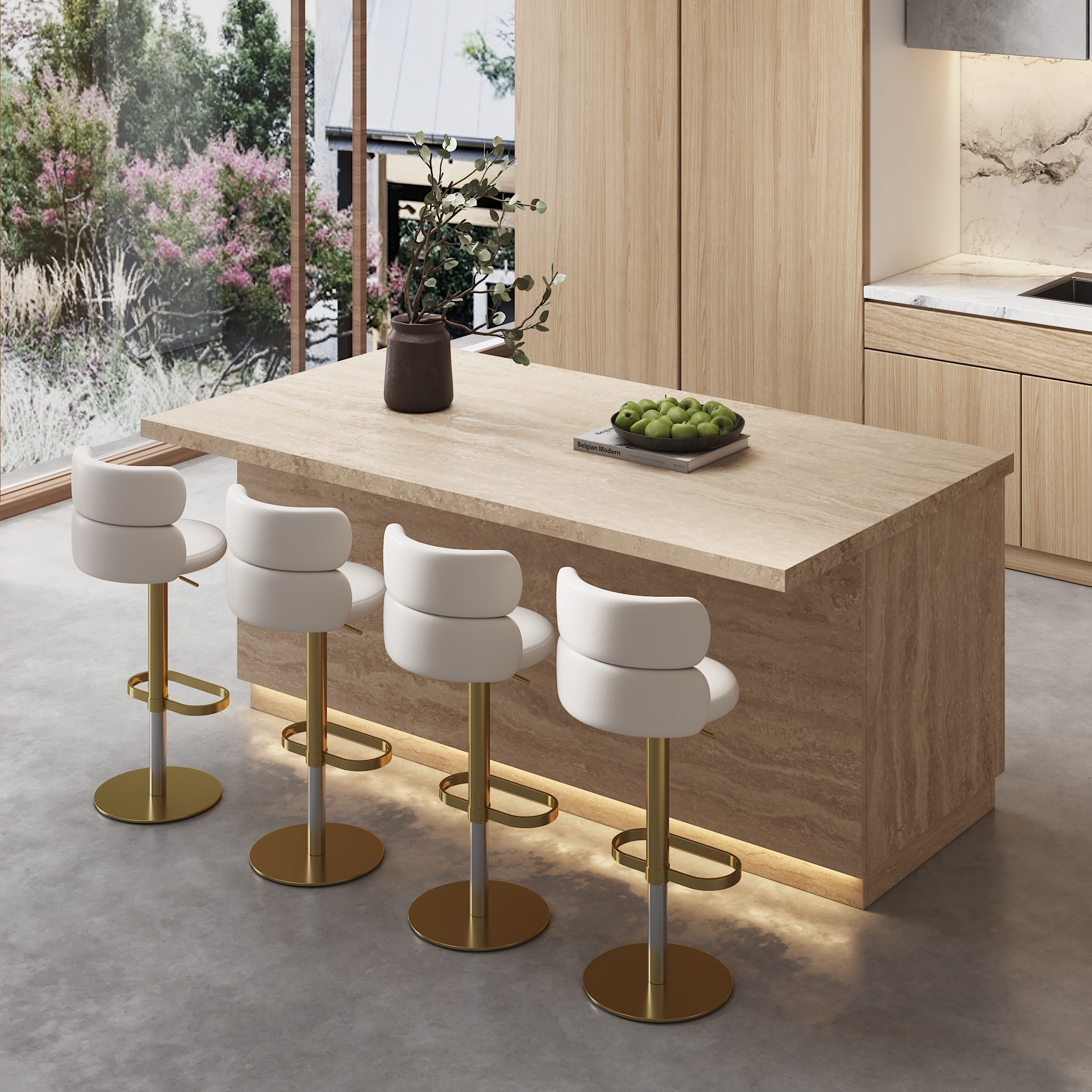 180 cm Japandi Kitchen lsland Matte Travertine Wooden Storage Kitchen Cabinet with Light
