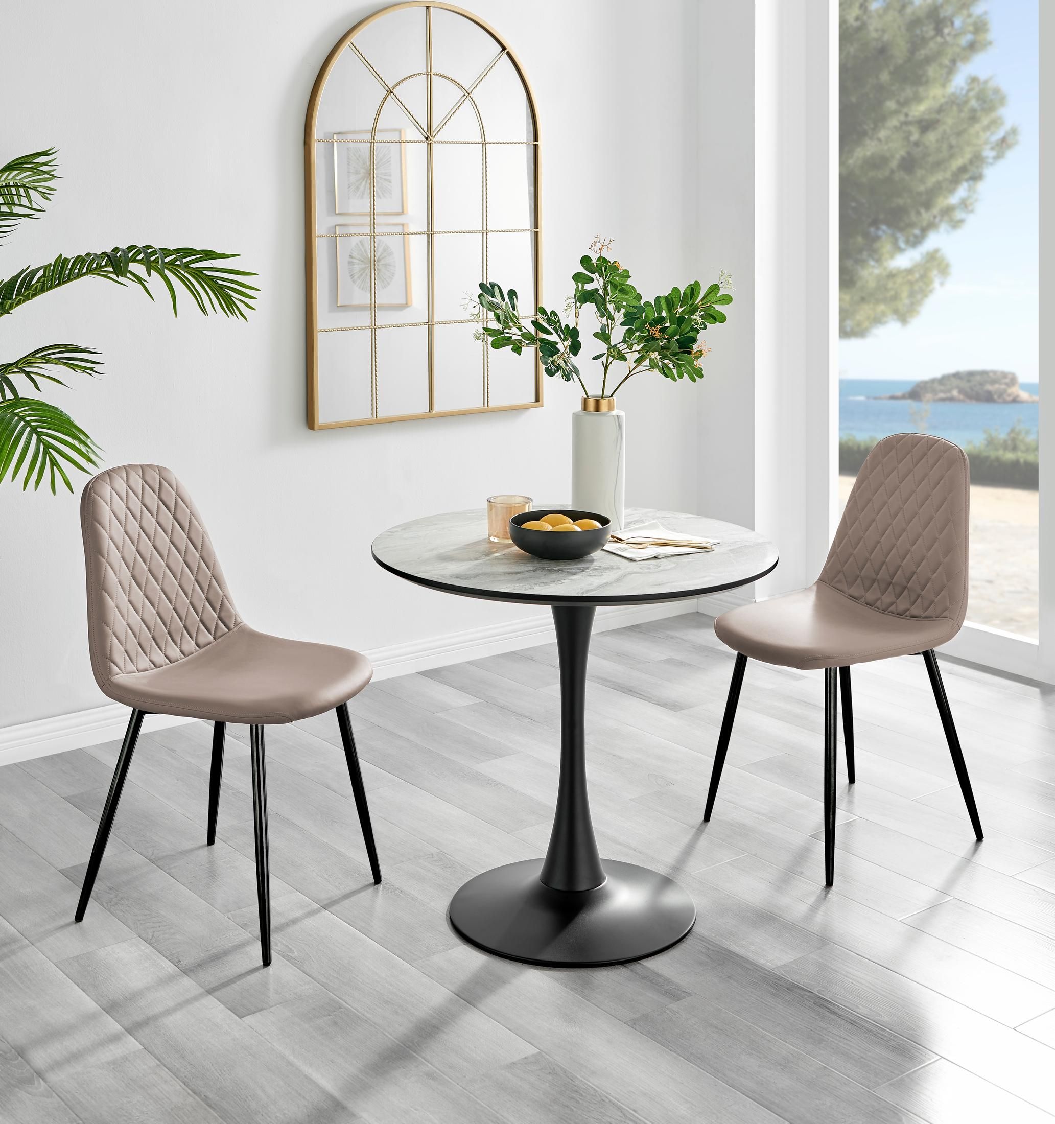 FurnitureboxUK Elina White Marble Effect Scratch Resistant Dining Table & 2 Corona Black Leg Chairs in Beige