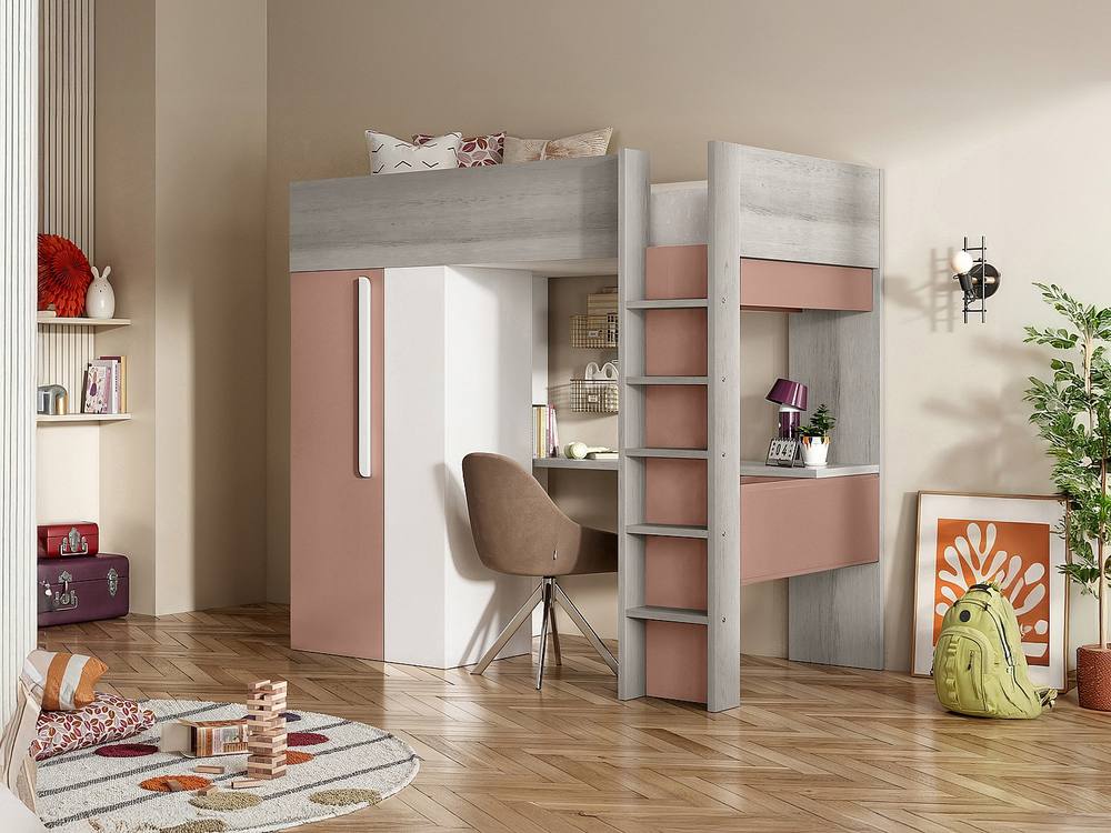 Vente-unique Loft Bed With Wardrobe & Desk - 90 X 200 Cm - Grey, Pink & White