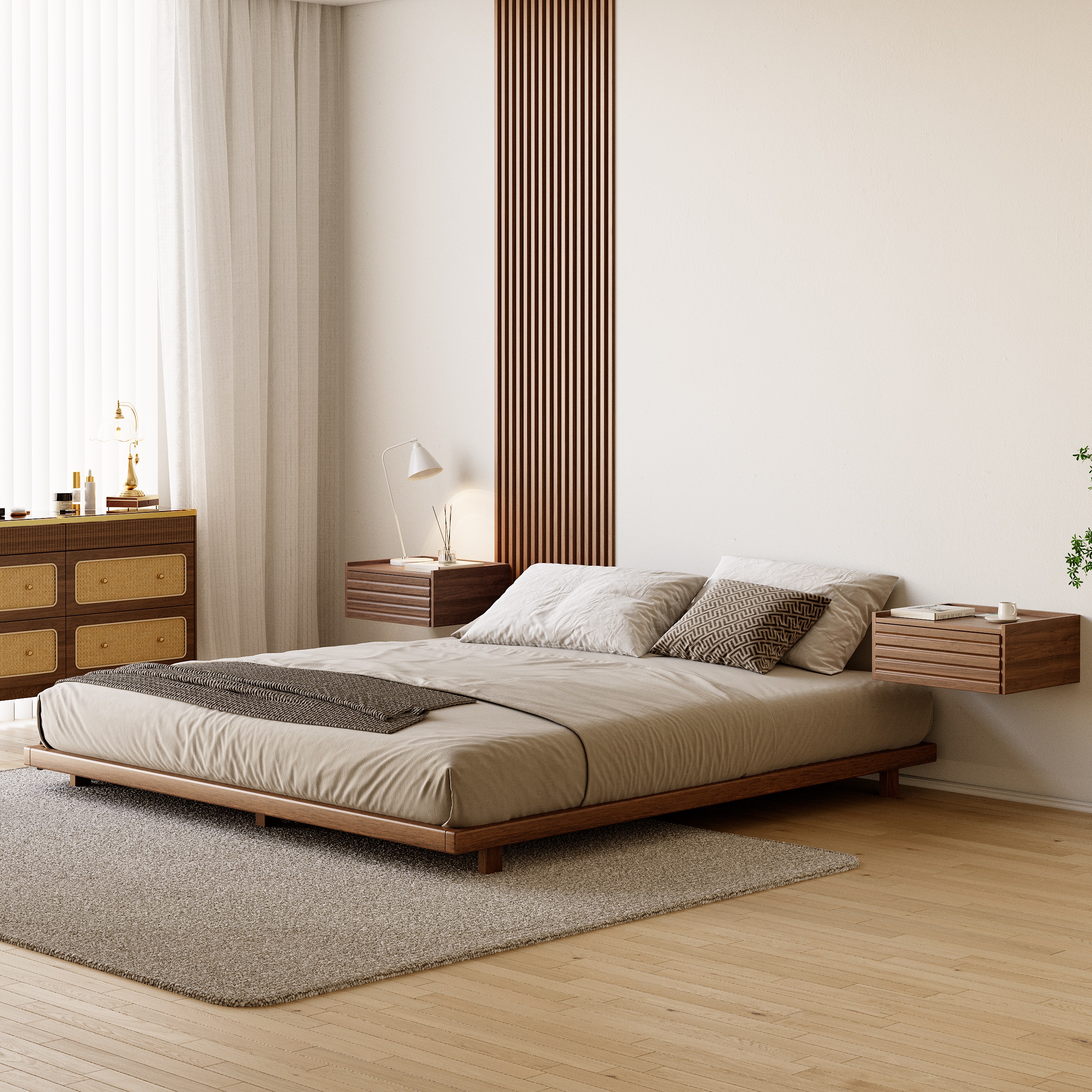 Japanese Style King Low Bed Frame Solid Wooden Floor Bed in Walnut