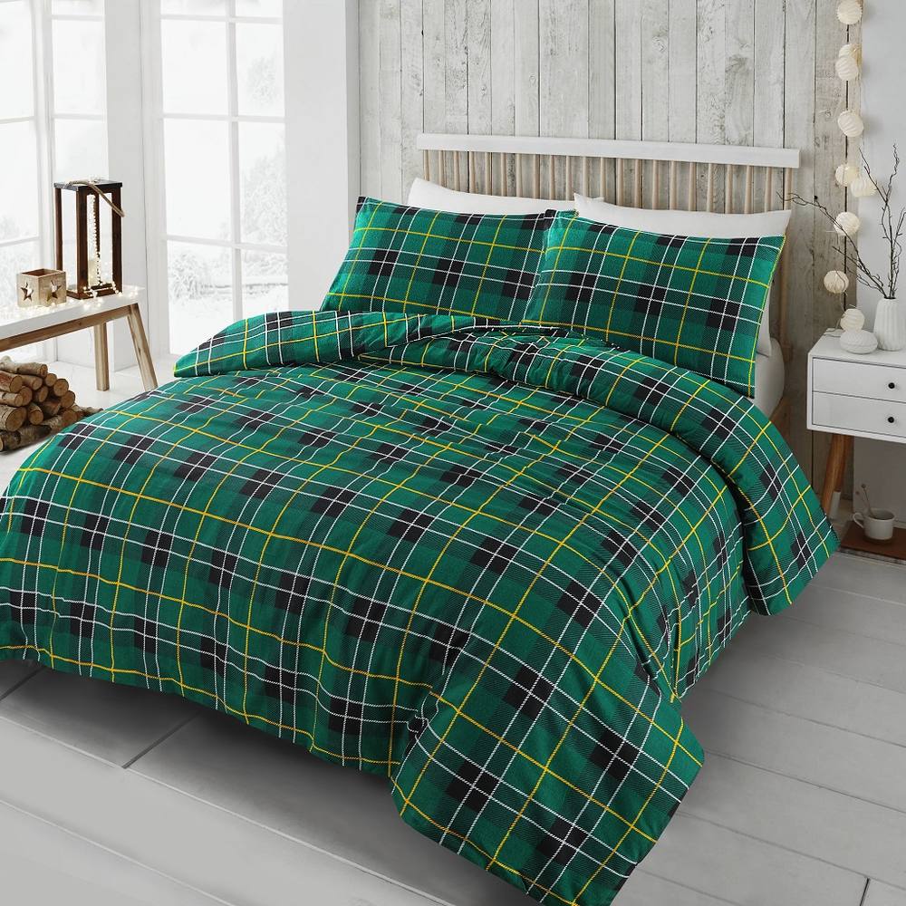 Homes-Linen 100% Brushed Cotton Tartan Flannelette Duvet Cover Set in Green