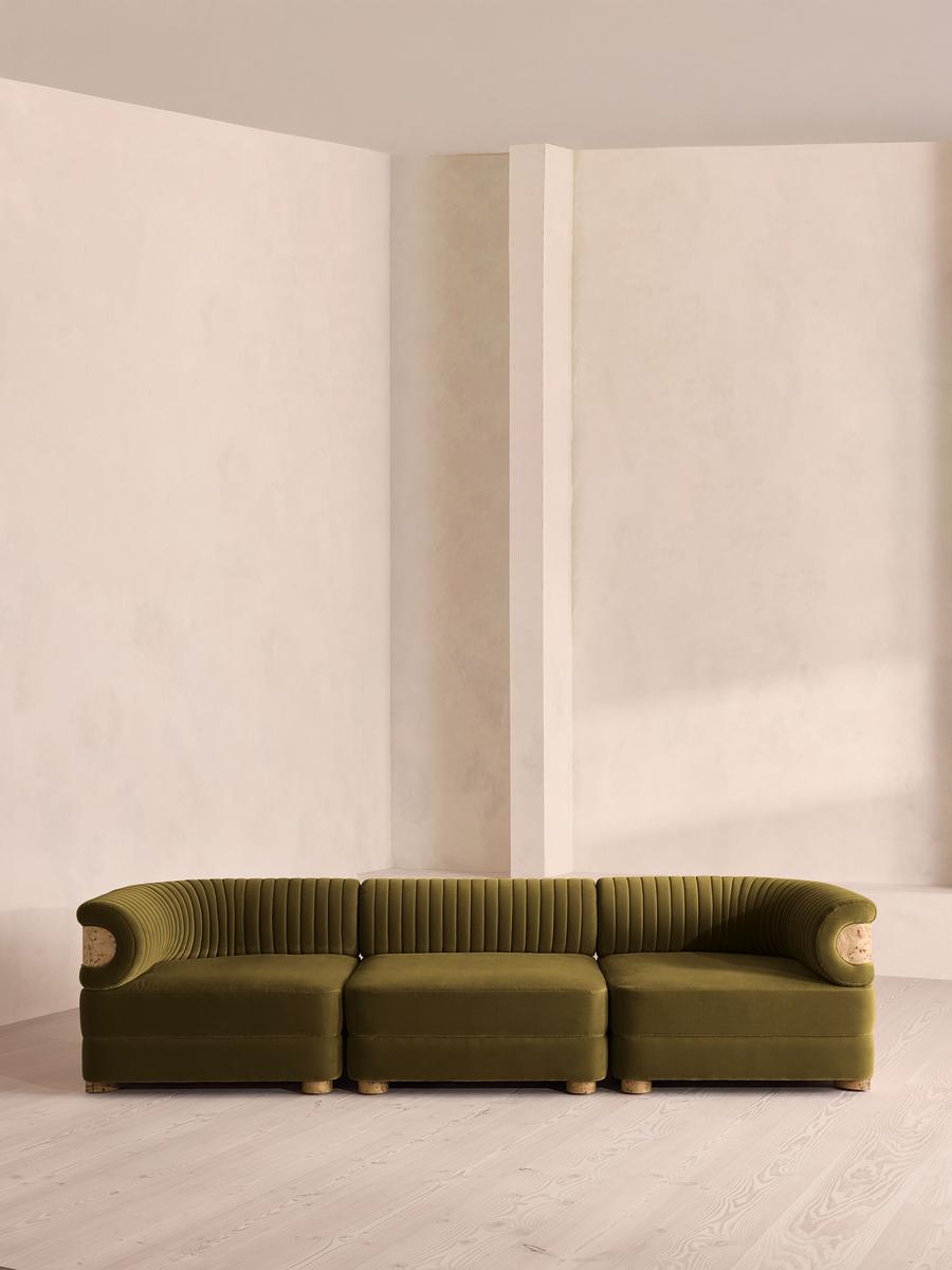 Caleb Modular Four Seater Sofa, Velvet, Olive, Blonde Burl