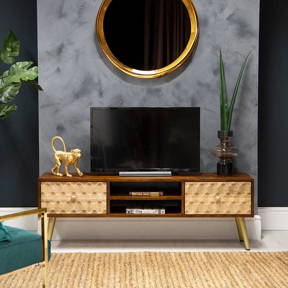 IH Design Perdue Solid Mango Wood Large Tv Unit in Grey
