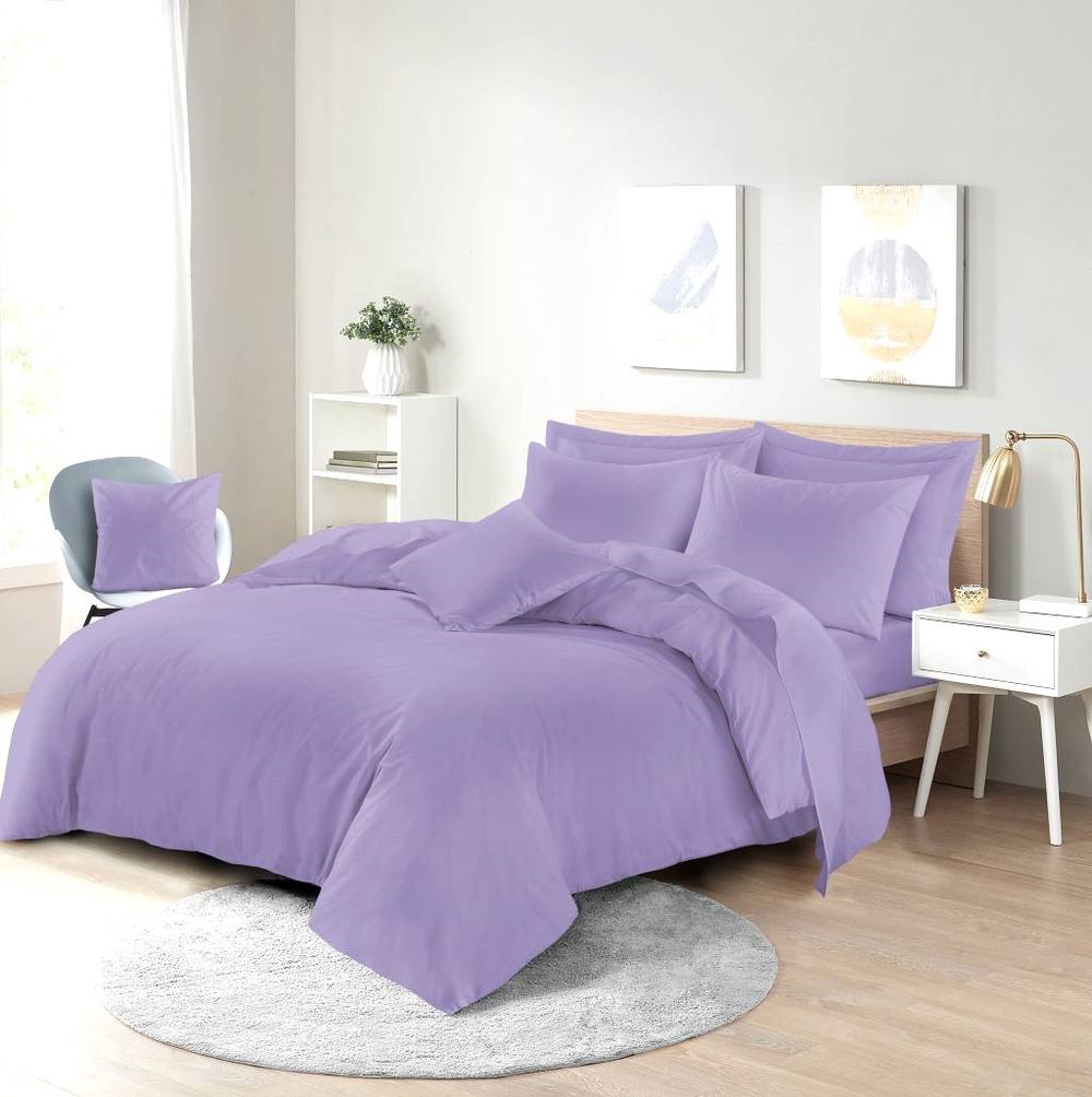 Homes-Linen Plain Dyed Polycotton Duvet Cover Set with Pillowcases in Lilac
