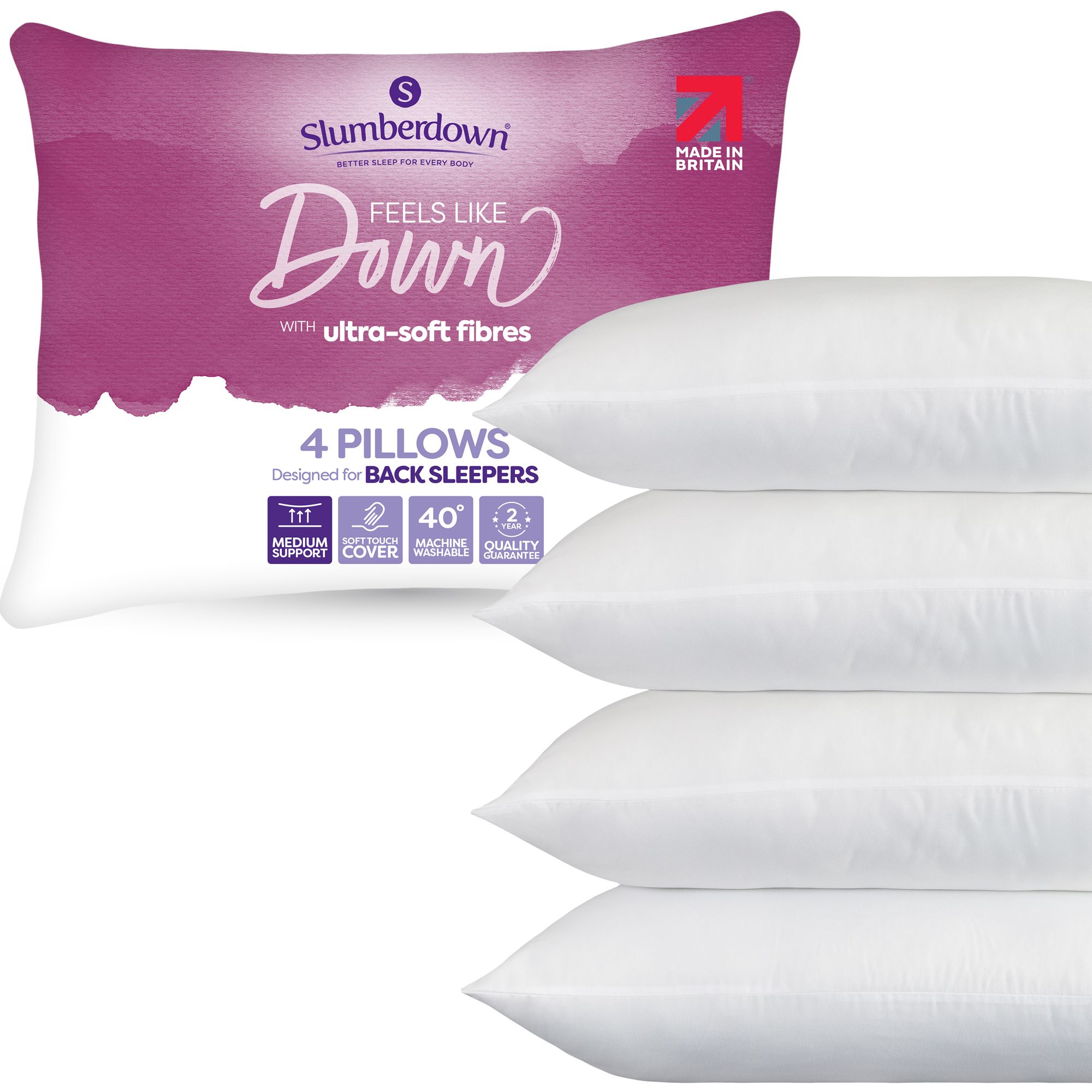 Slumberdown 4 Pack Feels Like Down Medium Support Back Sleeper Pillows in White