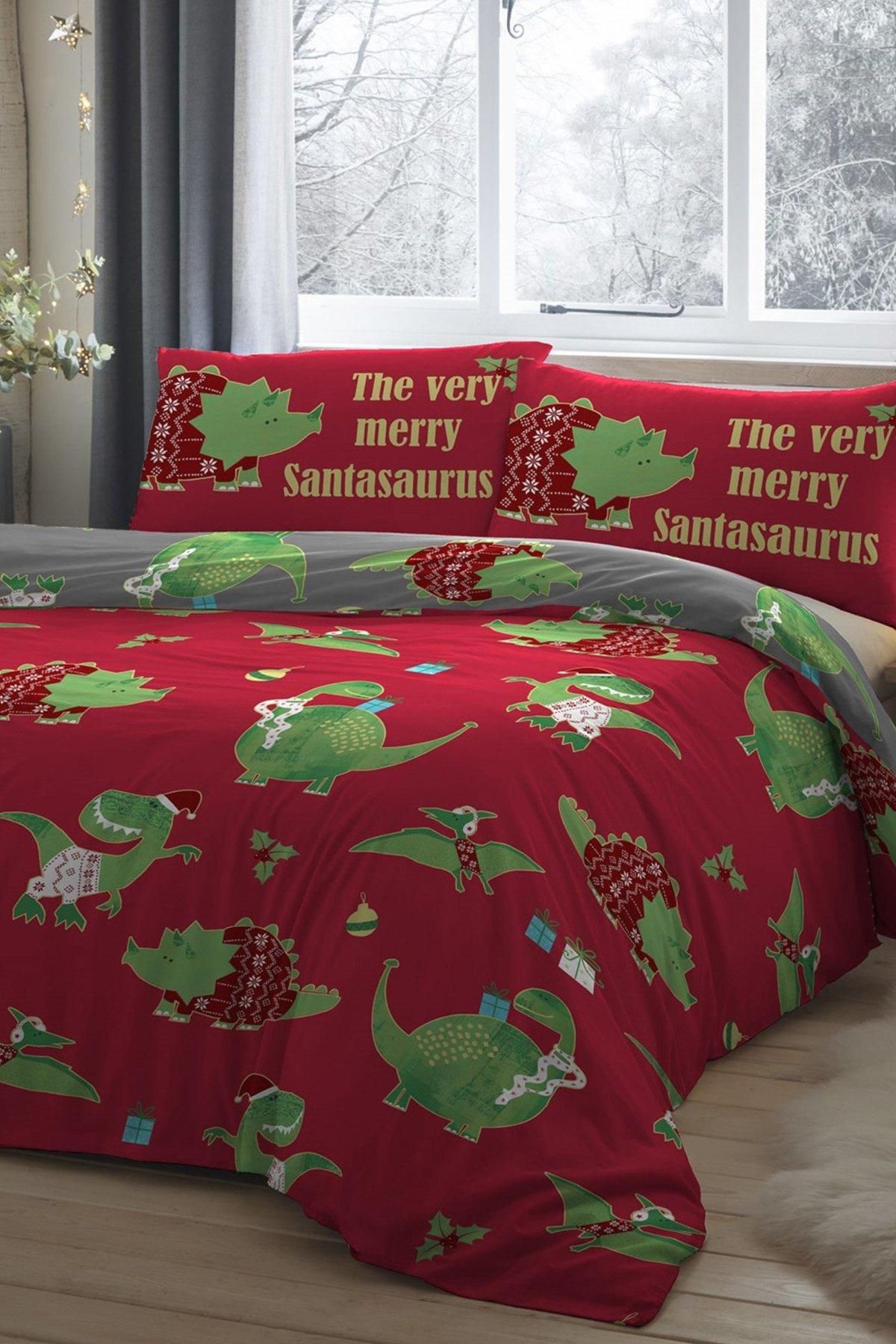 Bedlam 'Santasaurus' Christmas Glow in the Dark Bedroom Duvet Cover Set in Red