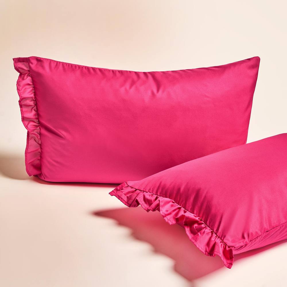 OHS 2 x Frill Edge Decor Pillowcases Microfibre Pillow Covers in Bright Pink