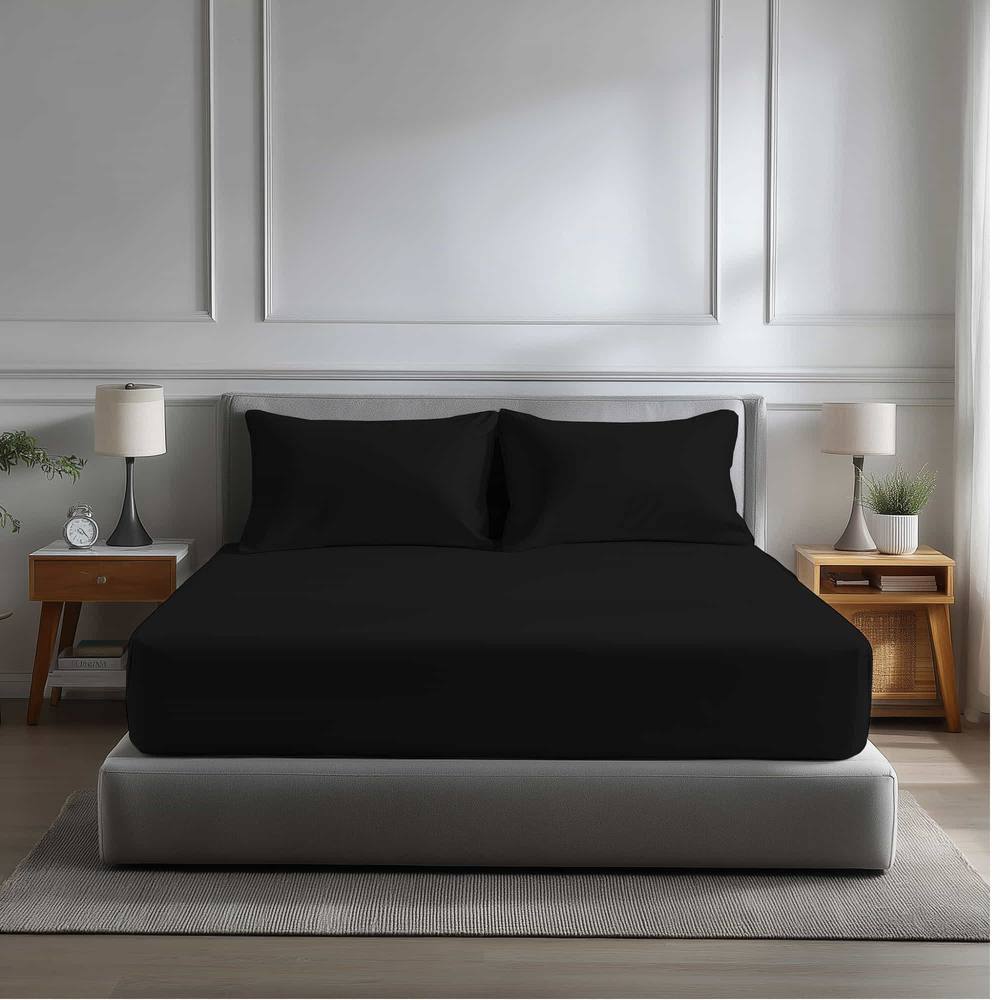 Snug City Microfibre Soft Touch Fitted Sheet 40cm Extra Deep Skirt Plain Dyed Bed Linen in Black