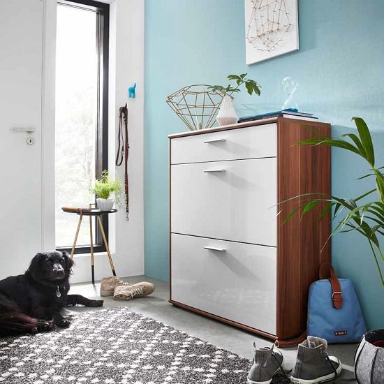Big Foot Shoe Cabinet In Walnut With White High Gloss Fronts