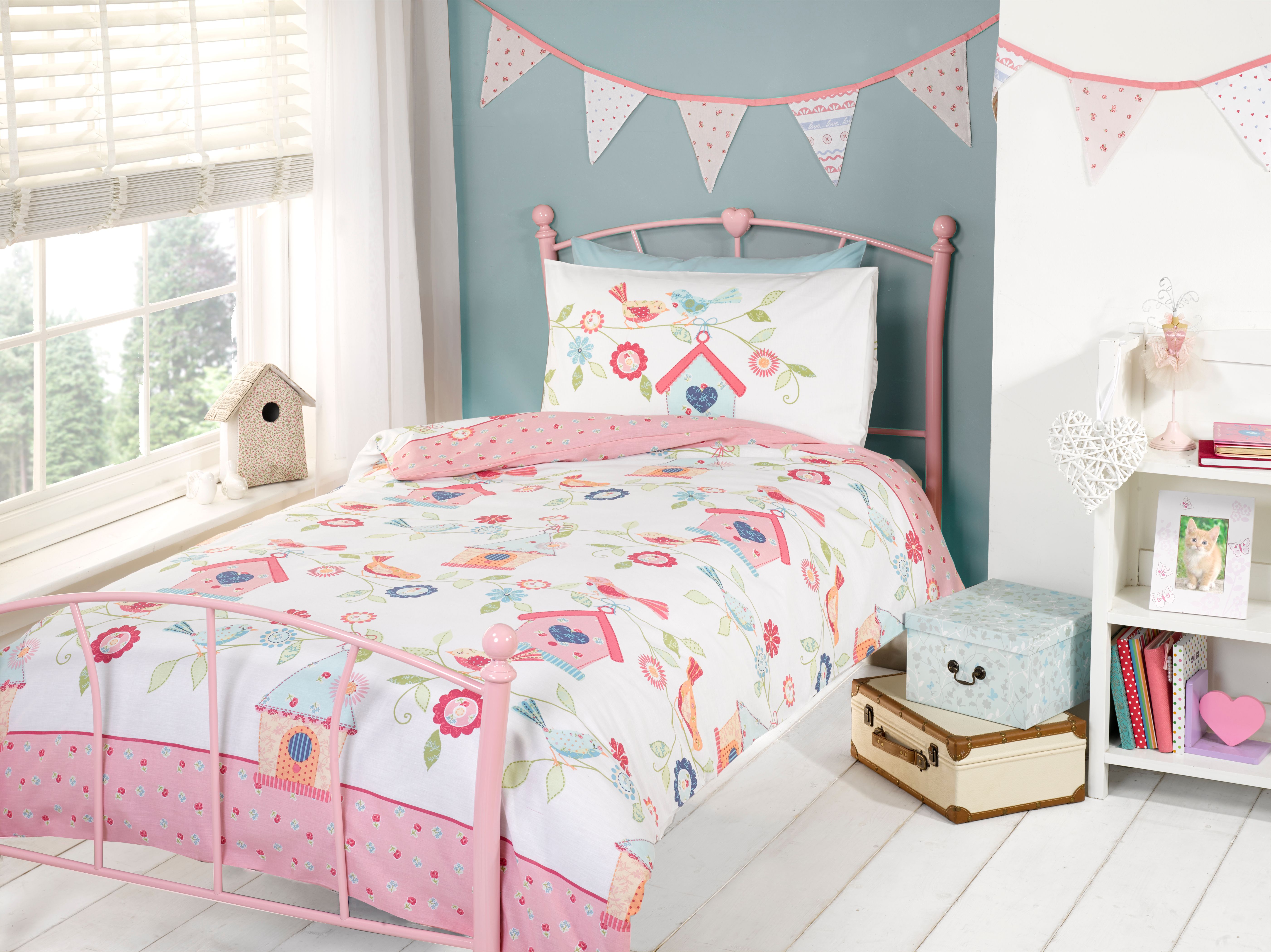 Rapport Home Birds Houses Polycotton Duvet Cover Set With Pillowcase in Pink