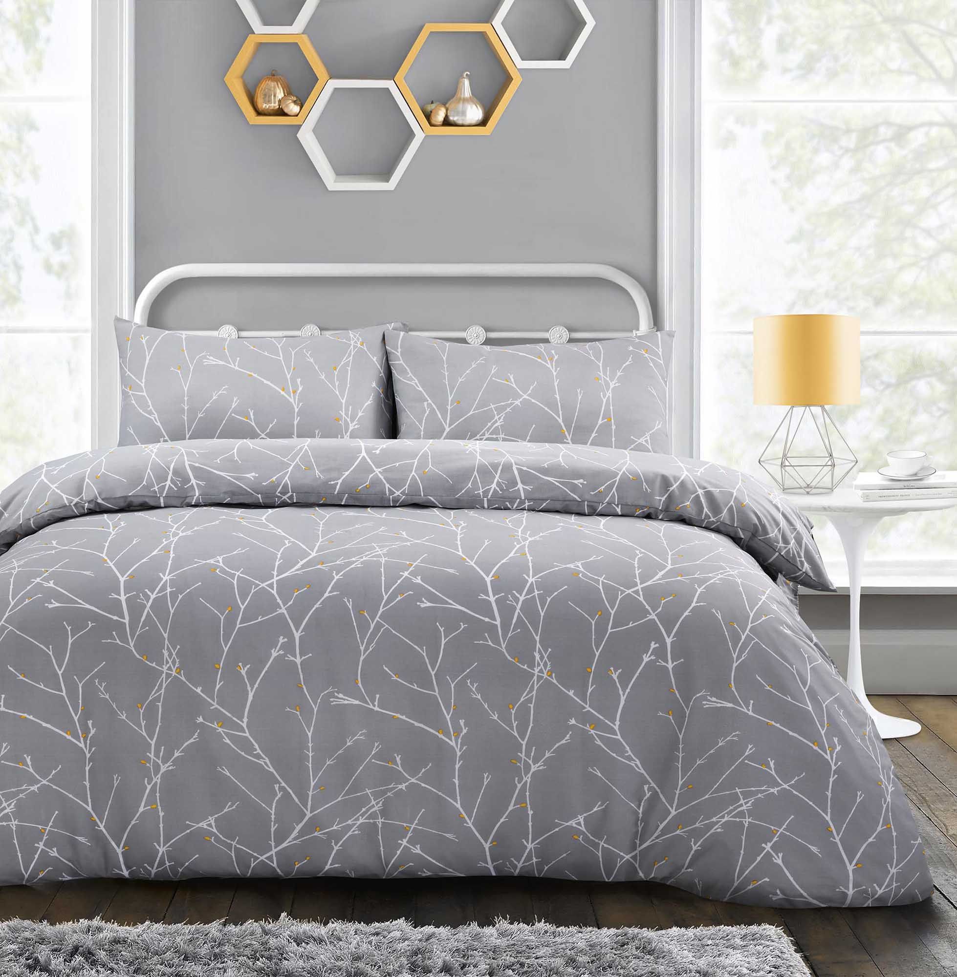 Velosso Autumn Branches Duvet Cover & Pillowcase Set - Printed Cotton Rich in Grey