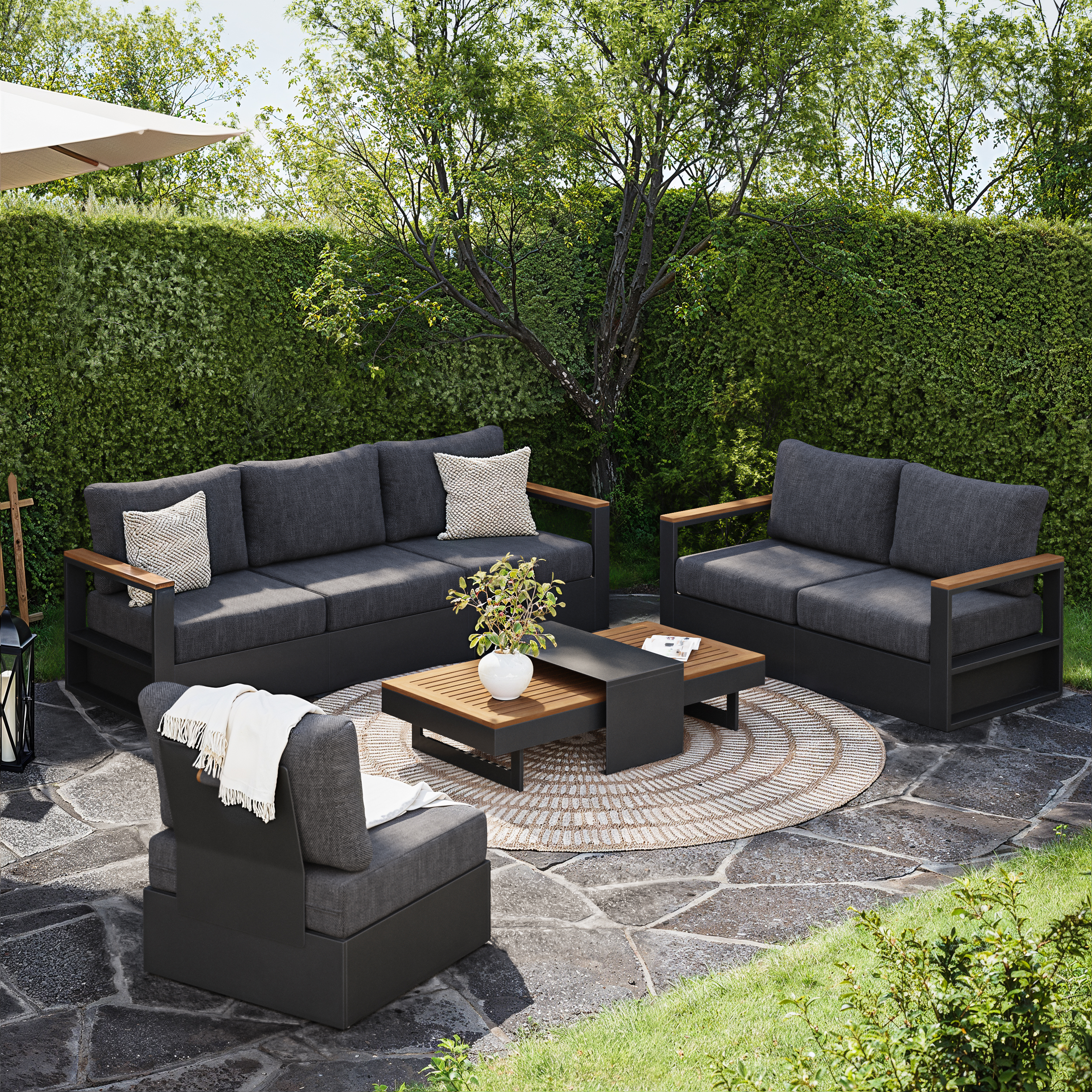 Modern Outdoor Sectional Sofa Set with Teak Wood & Aluminum Frame Convertible 4-Piece in Gray