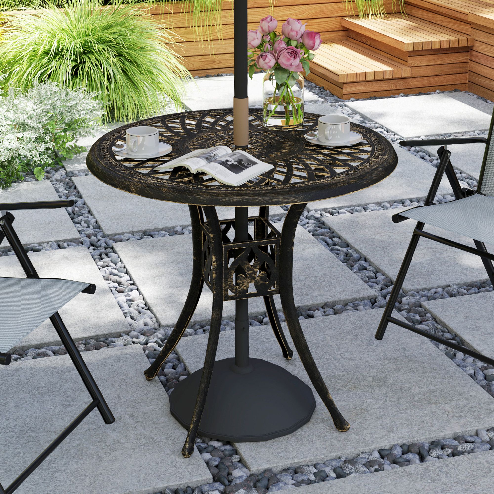 OUTSUNNY 78 cm Round Garden Dining Table with Parasol Hole, Bronze Tone