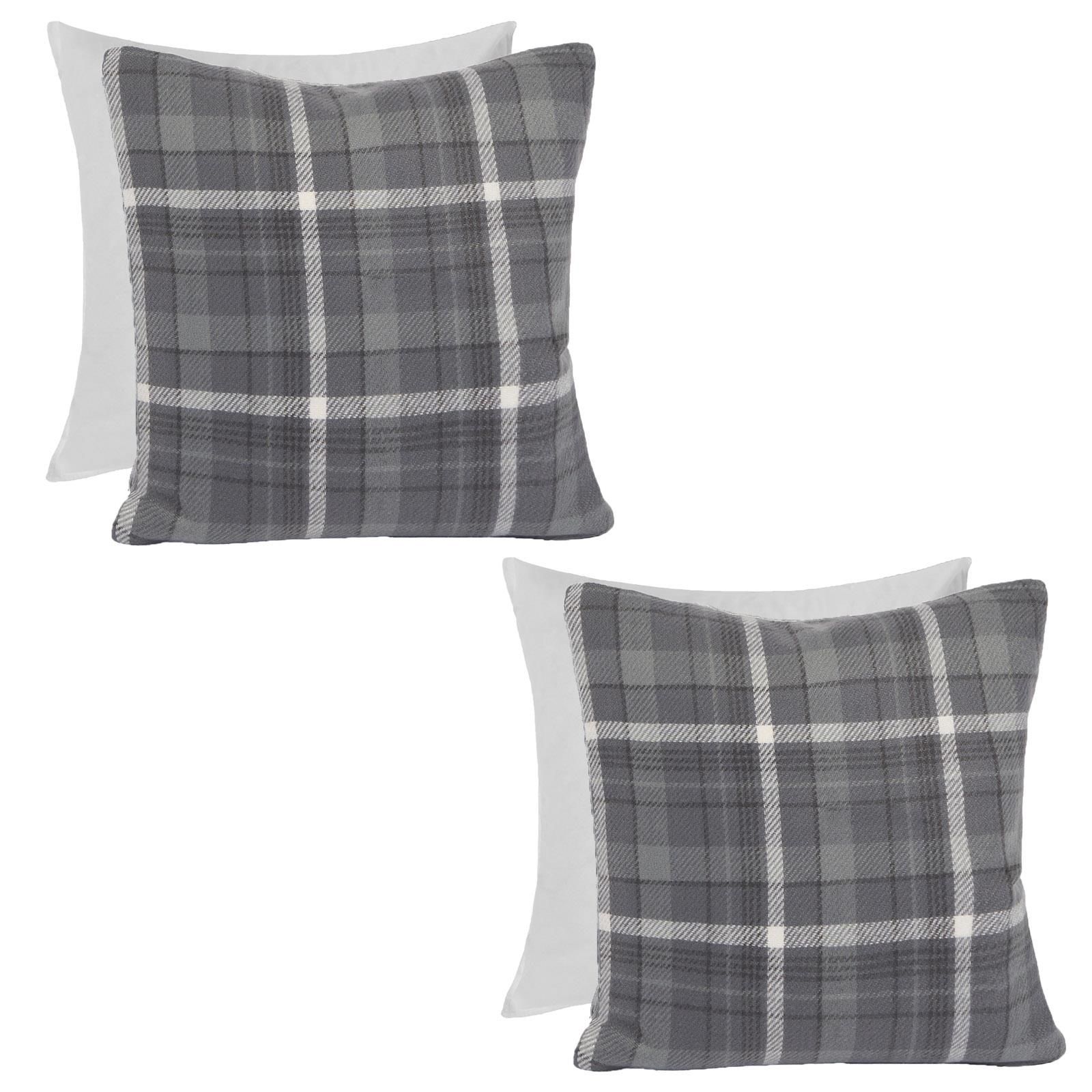 OHS Woven Check Cushion Covers Tartan Pack of 2 Filled Case Pad Set in Charcoal