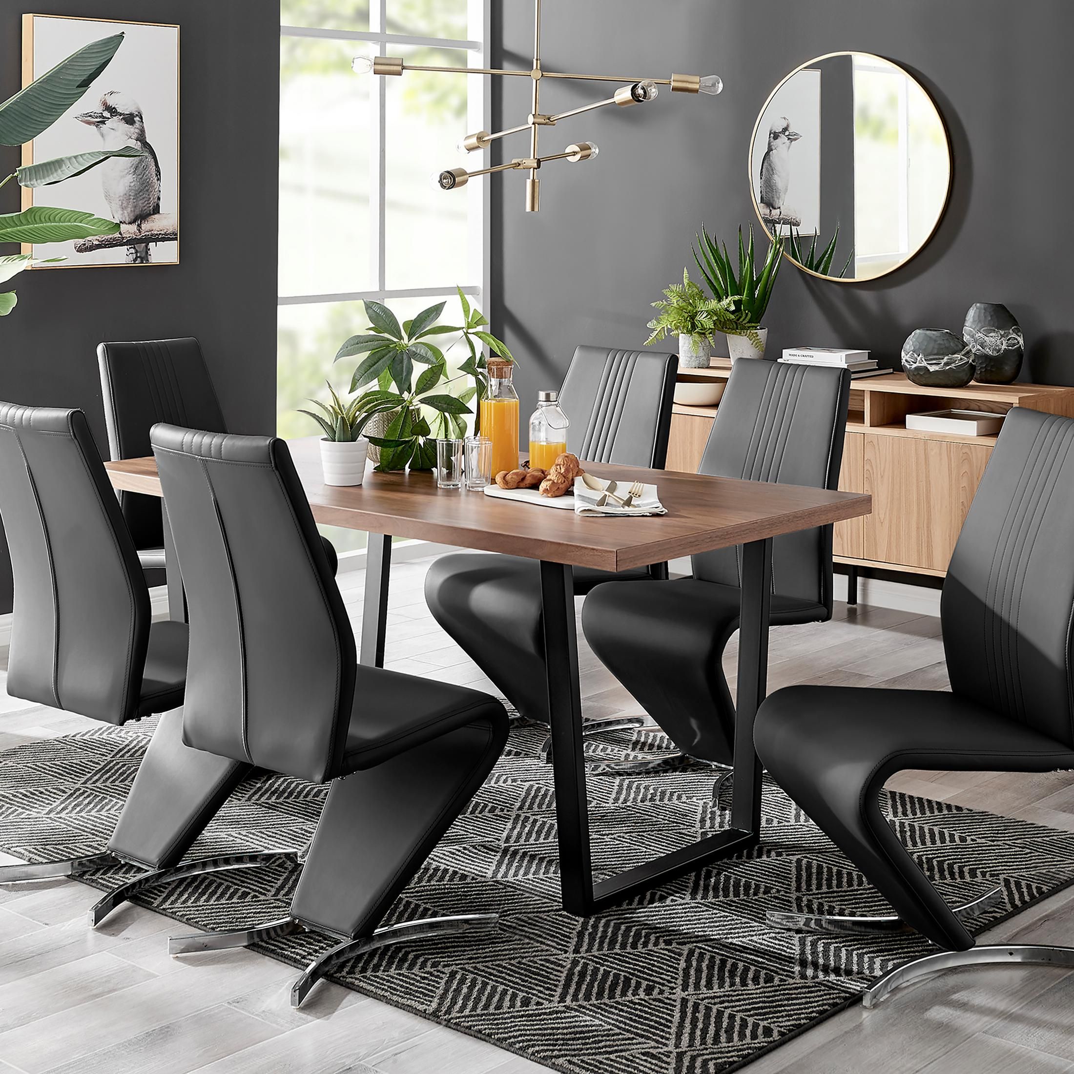 FurnitureboxUK Kylo Large Brown Wood Effect Dining Table & 6 Willow Faux Leather Chairs in Black
