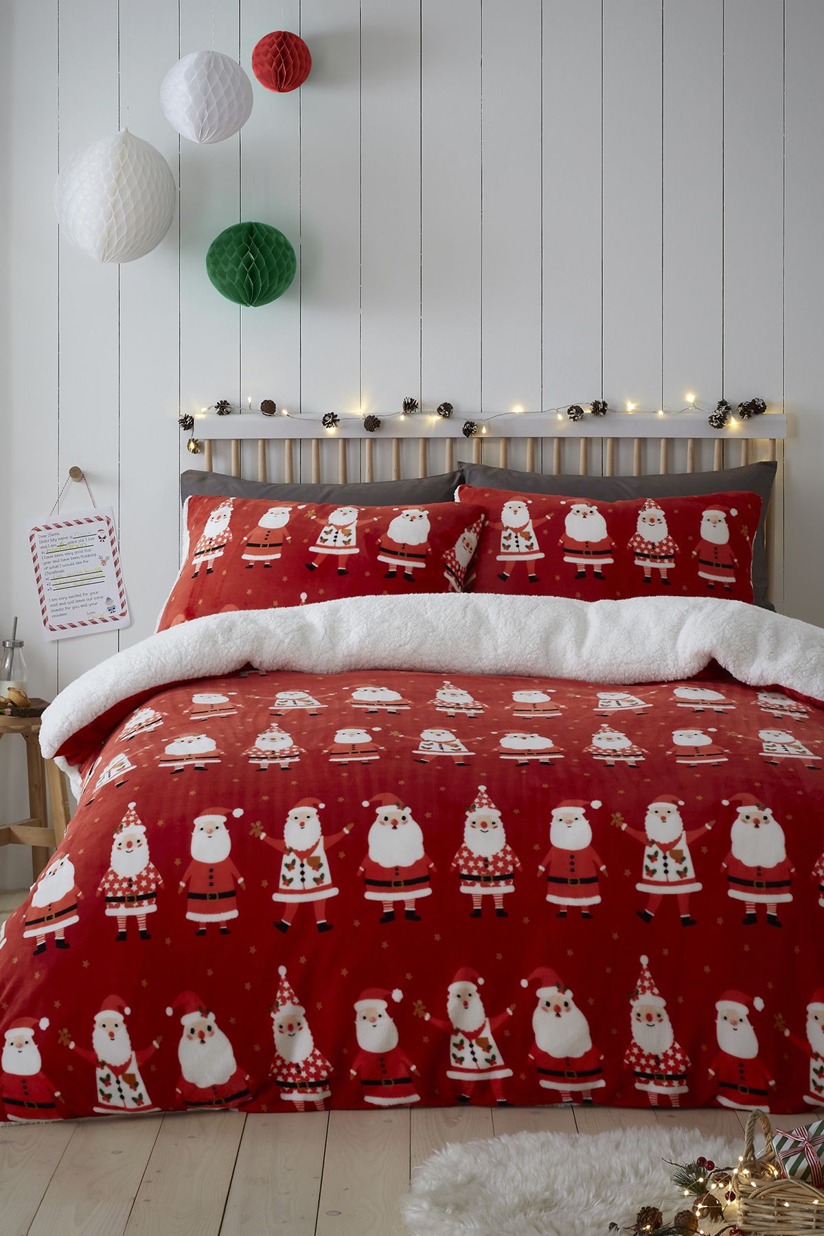 Bedlam 'Jolly Santa' Super Cosy Plush & Sherpa Duvet Cover Set in Red