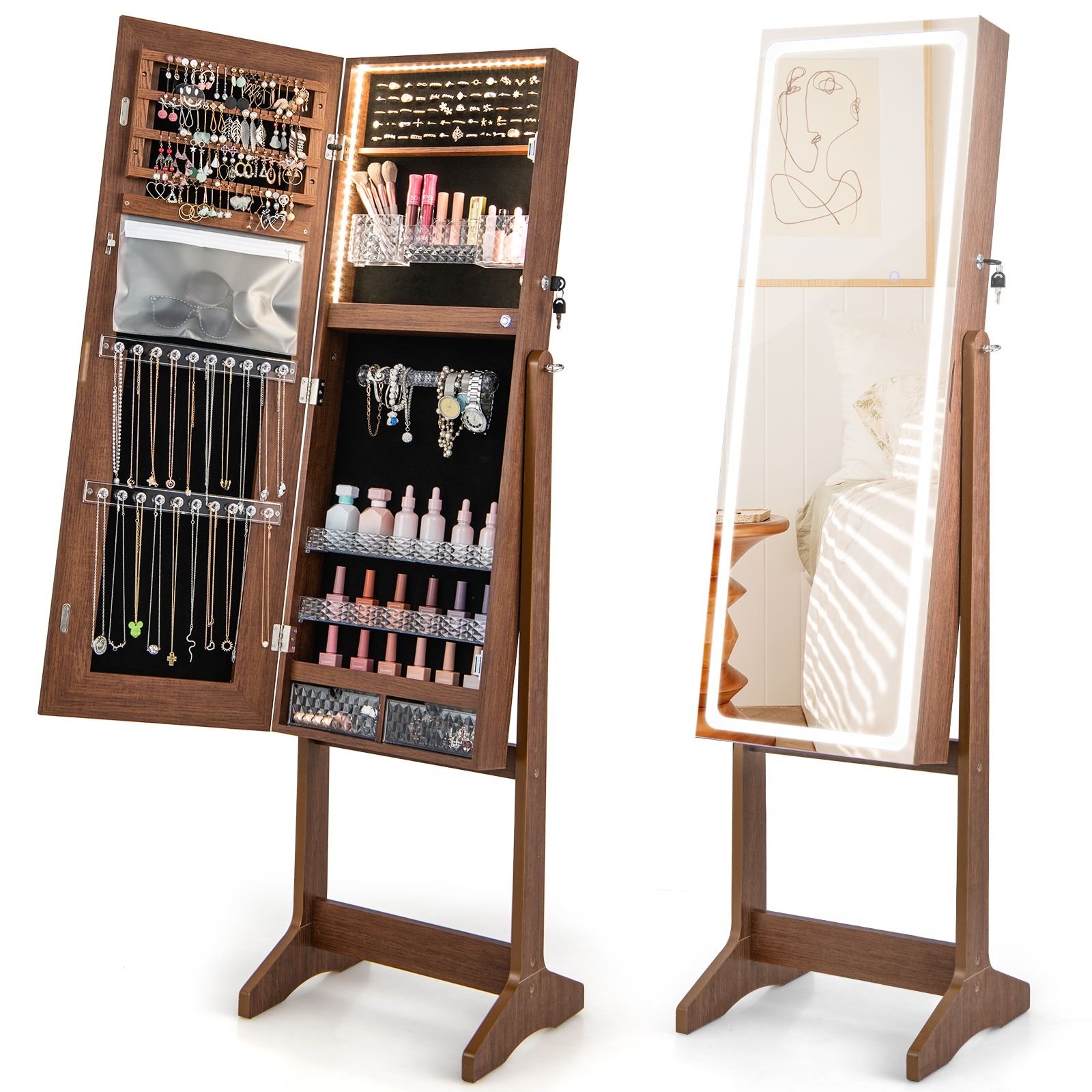 Costway Standing Jewelry Cabinet Lockable Jewelry Armoire w/ LED Lights in Brown
