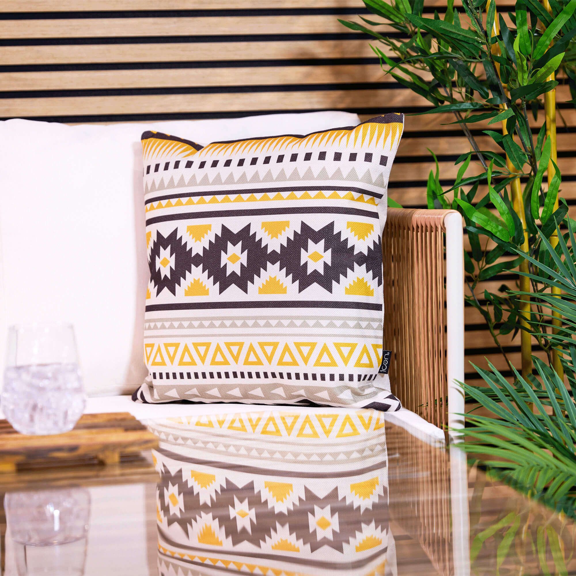 icon Indoor & Outdoor Aztec Print Waterproof Cushion, Ochre Yellow
