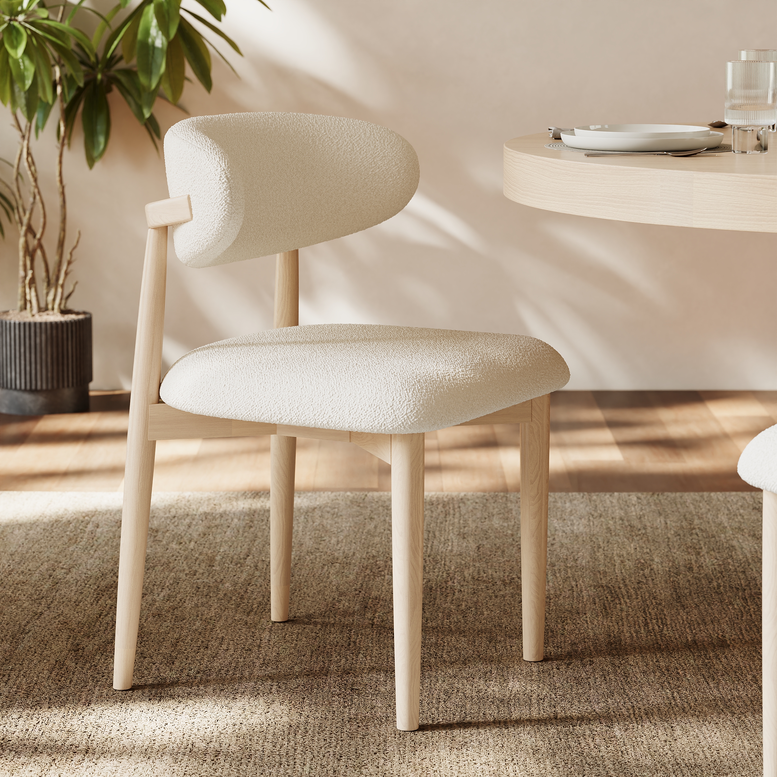 Modern Boucle Dining Chair with Rubber Wood Legs, 1 Piece