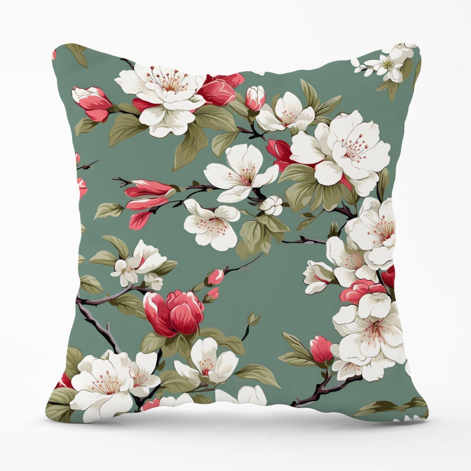 Warren Reed - Designer Pink & White Blossom Outdoor Cushion in Green