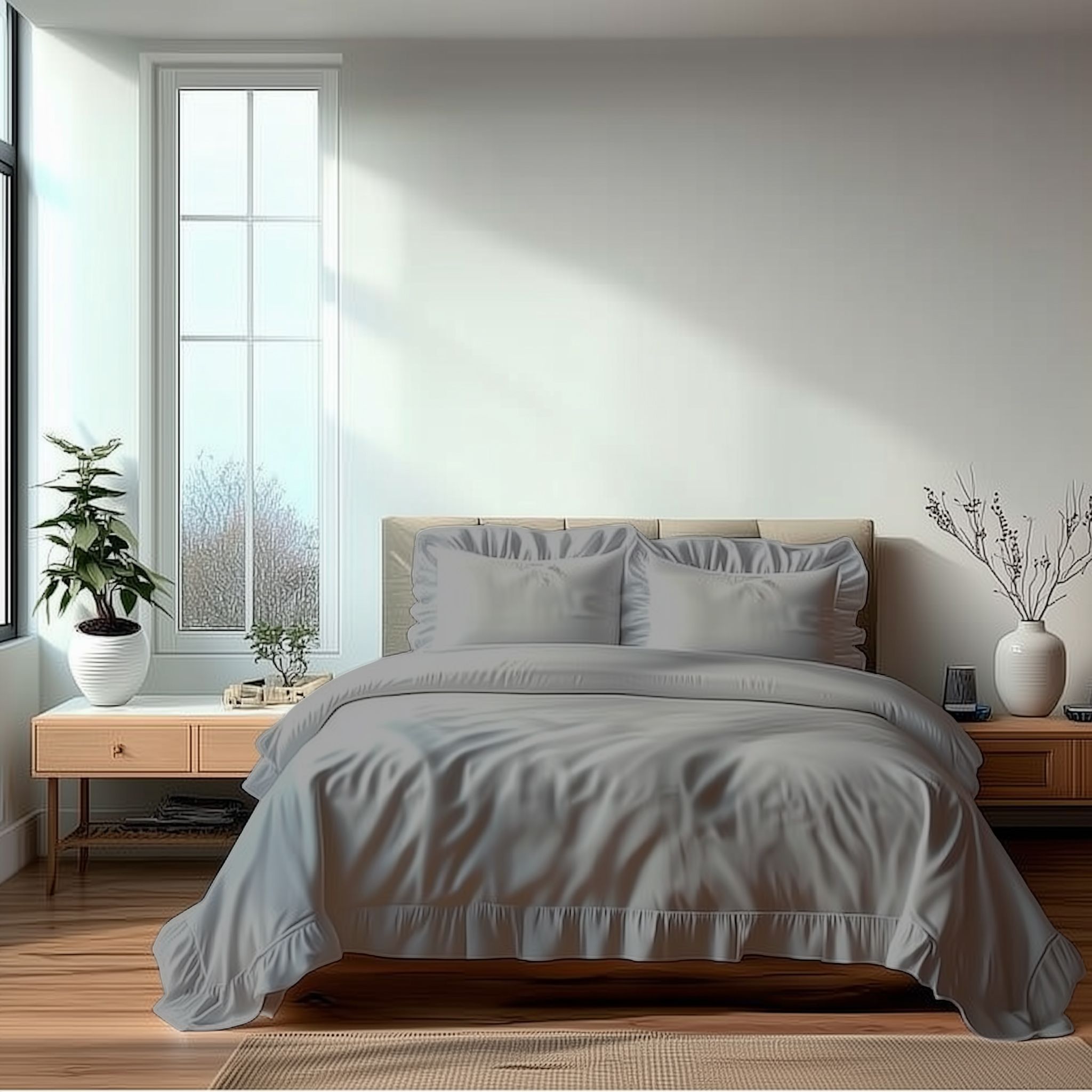 Snug City Duvet Cover & Pillowcase Set Trendy Polycotton Frilled Design Linen in Silver