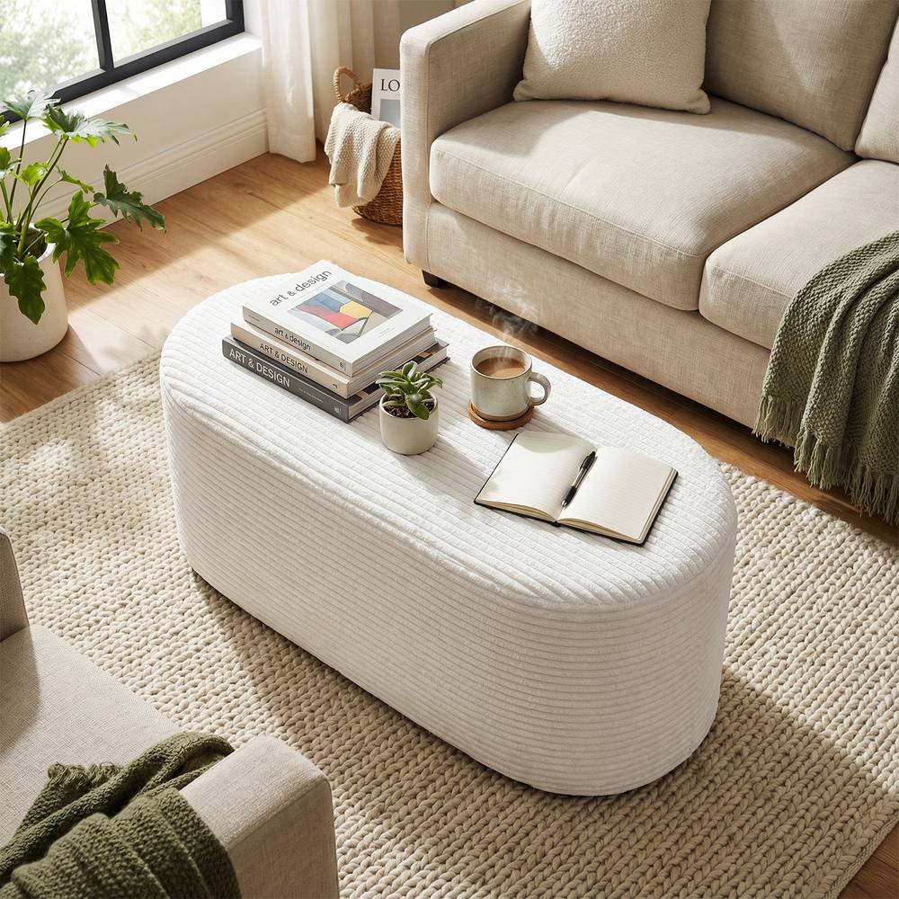 Costway Upholstered Ottoman Bench Modern Bed Stool Oval Entryway Ottoman in White