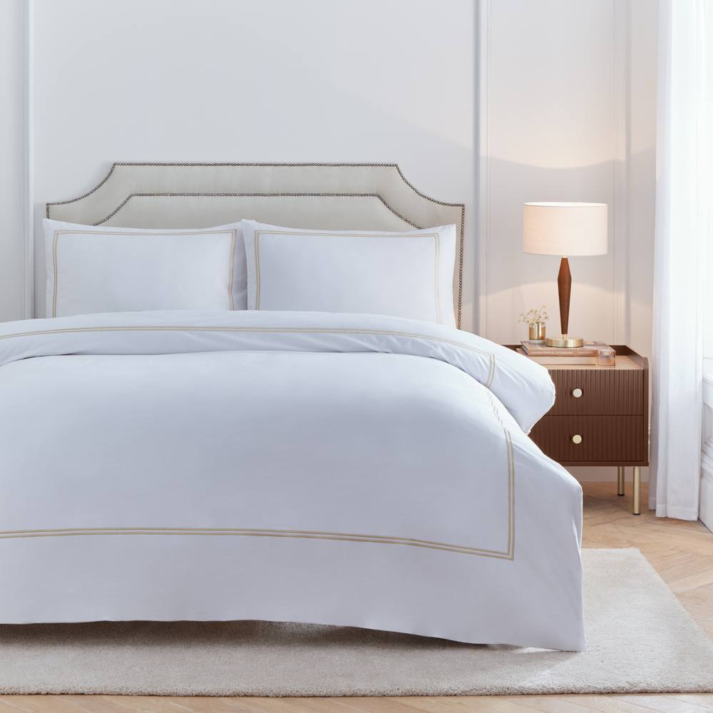 Paoletti Elara 100% Cotton Embroidered Duvet Cover Set in Light Beige