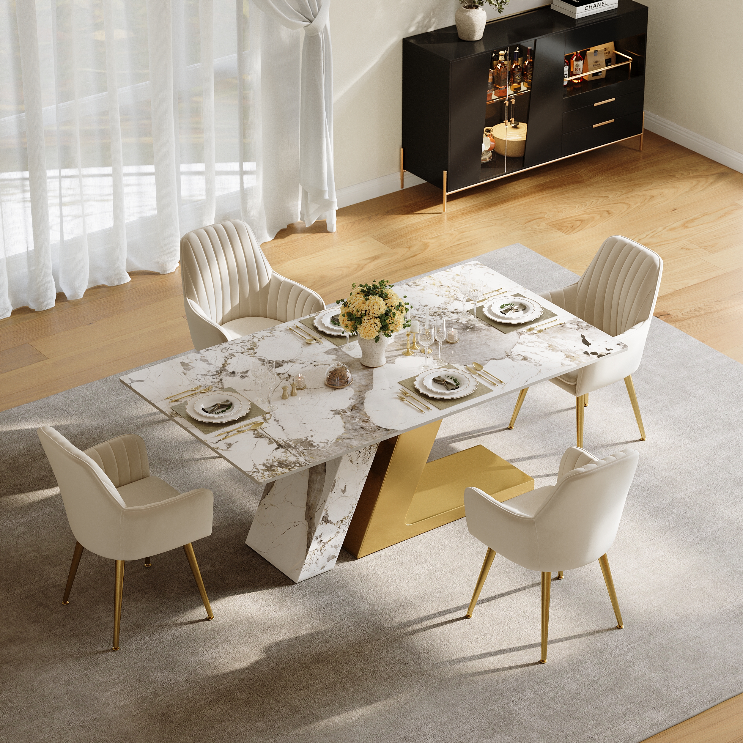 160 cm Rectangle Modern Sintered Stone Top Dining Table for 6 Stainless Steel Base in Gold