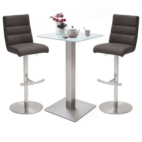 Soho White Glass Bar Table 2 Hiulia Leather Anthracite Stools