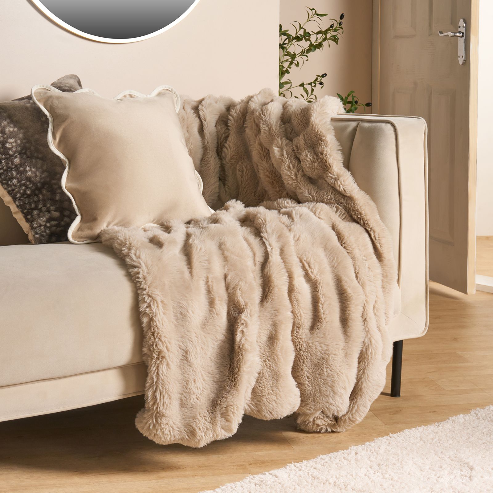 OHS Bubble Faux Fur Fleece Throw Super Soft Fluffy Blanket - Natural