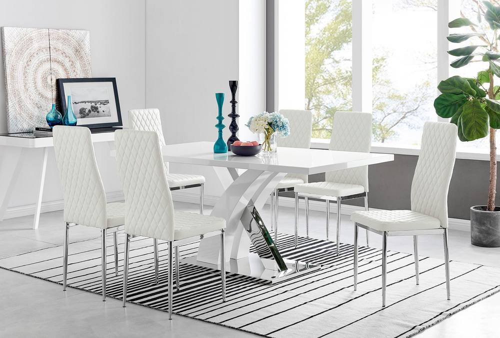 FurnitureboxUK Atlanta Modern Rectangle Chrome Metal High Gloss White Dining Table & 6 Milan Chairs Set in Off-White