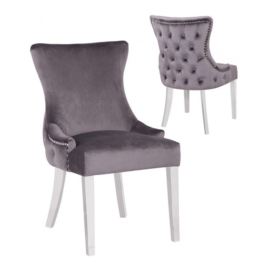 Leo Dark Grey Velvet Dining Chairs In Pair