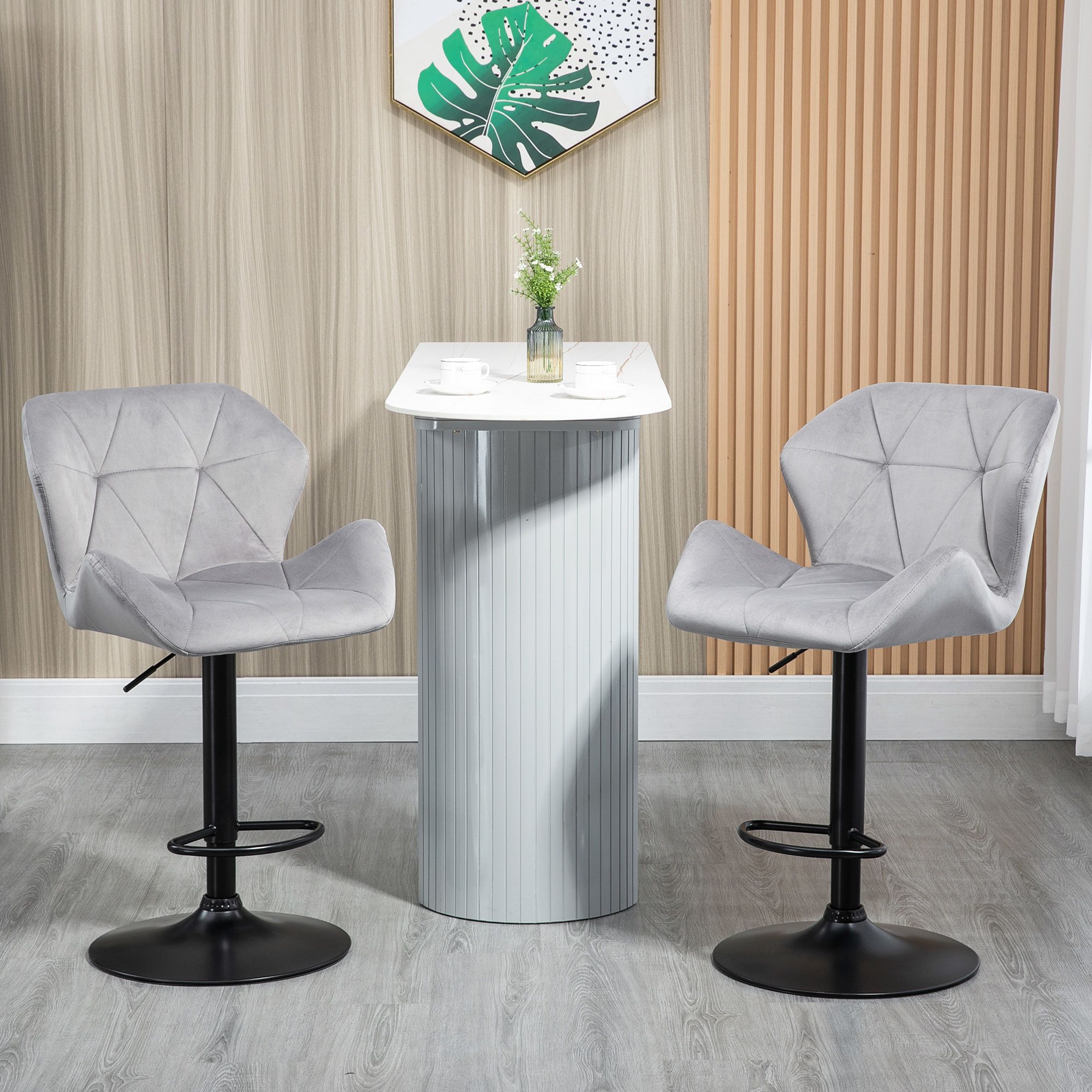 HOMCOM Of 2 Luxurious Velvet-Touch Bar Stools w/ Metal Frame Footrest Base in Grey
