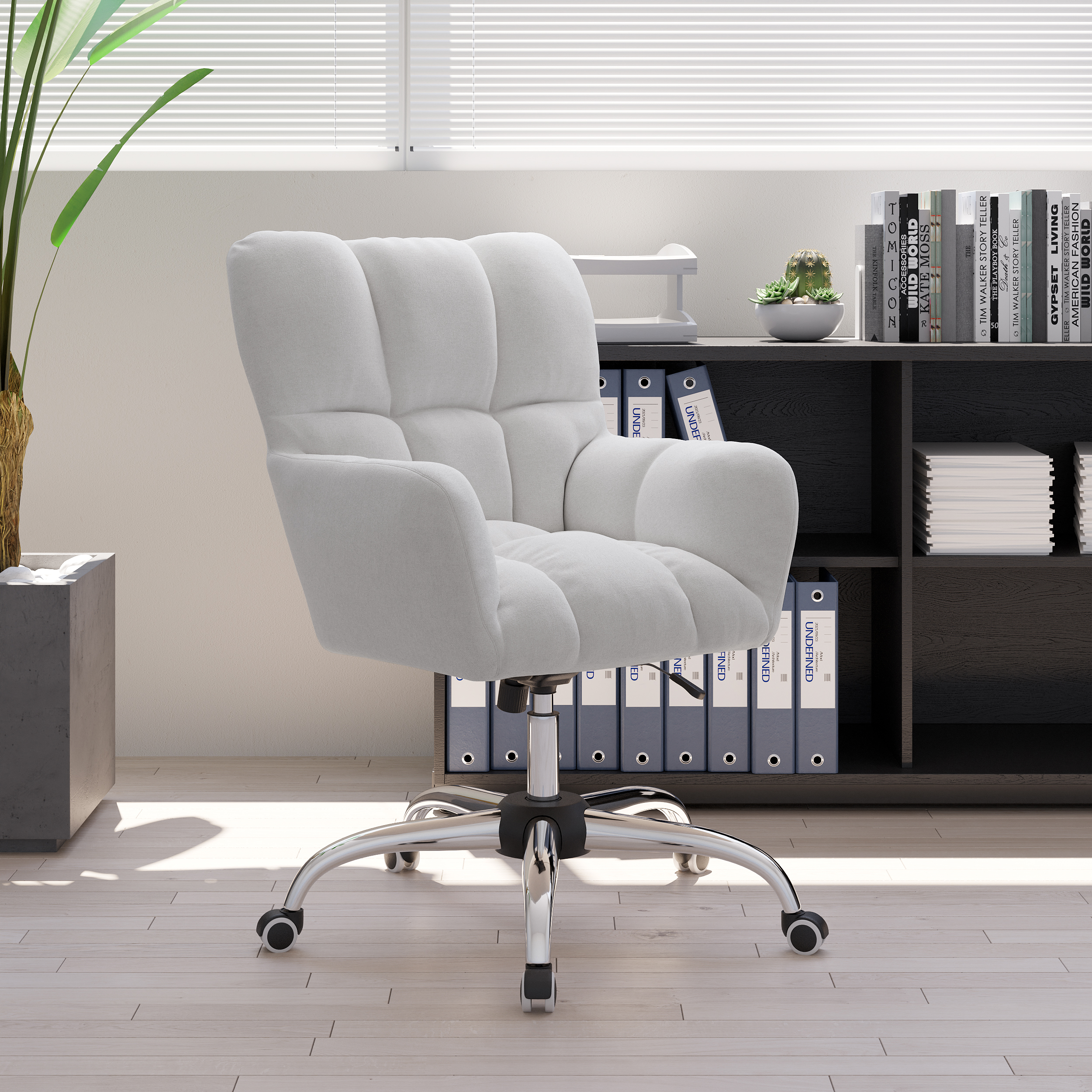 Modern White Office Chair Upholstered Cotton & Linen Swivel Task Chair Height Adjustable