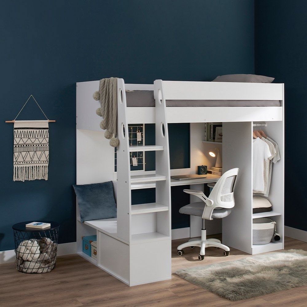 Flair Harry High Sleeper Bed with Desk, Wardrobe & Storage in White