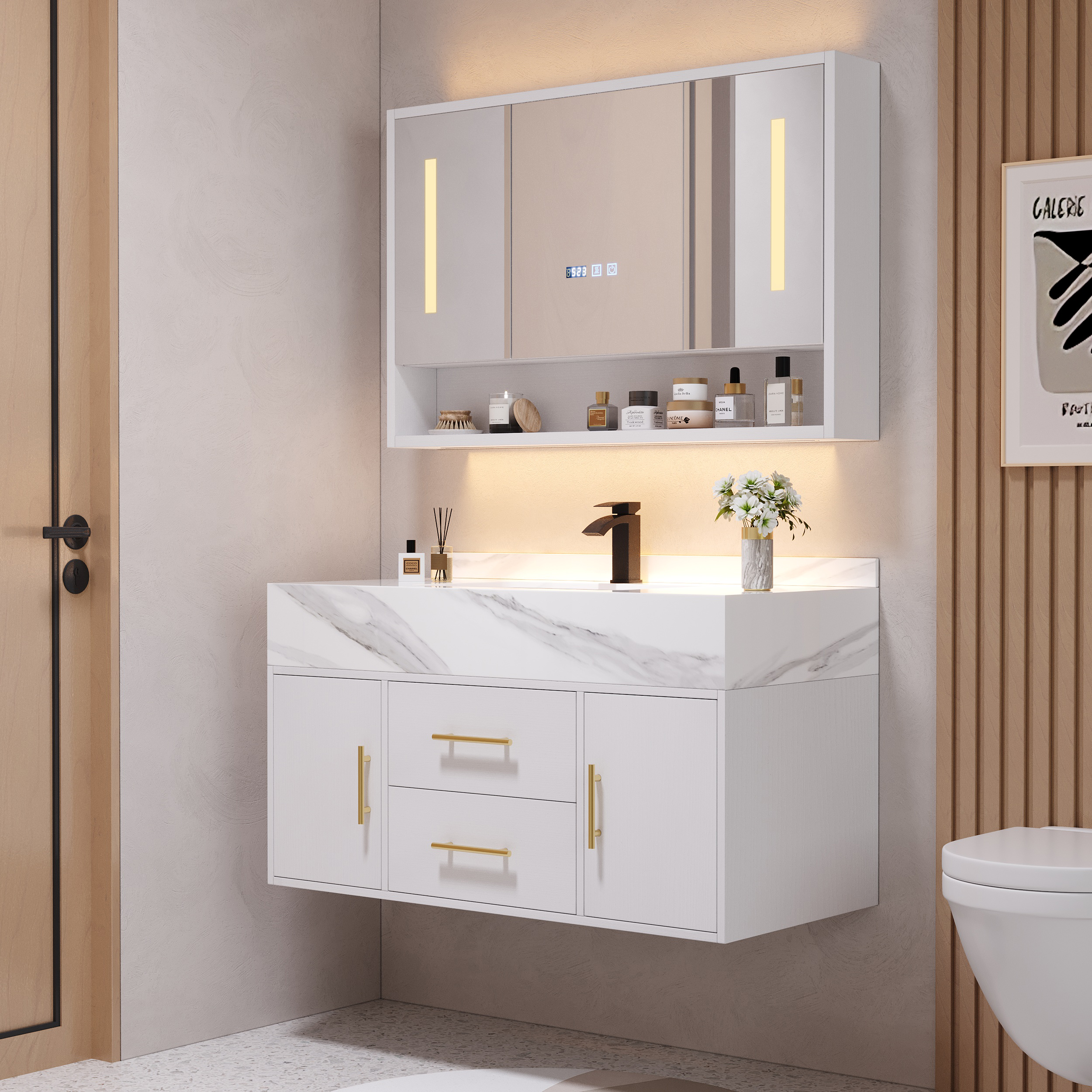 100cm White Floating Bathroom Vanity Set with LED Mirror Cabinet