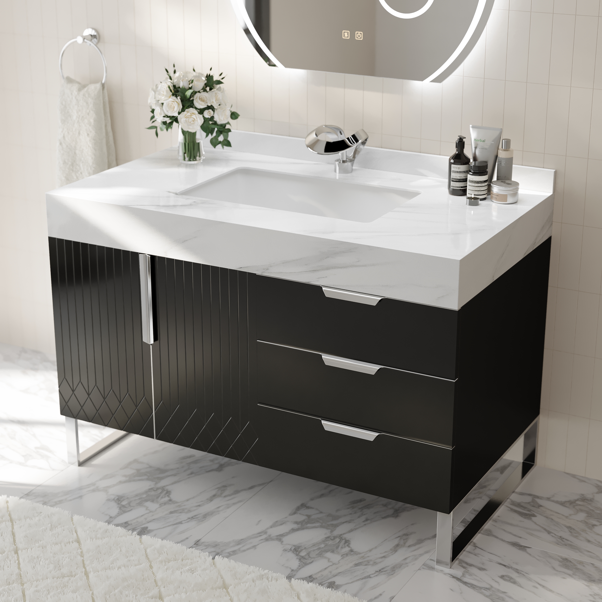 Aro 90 cm Black Freestanding Ceramics Basin Bathroom Vanity Drawers Faux Marble Top
