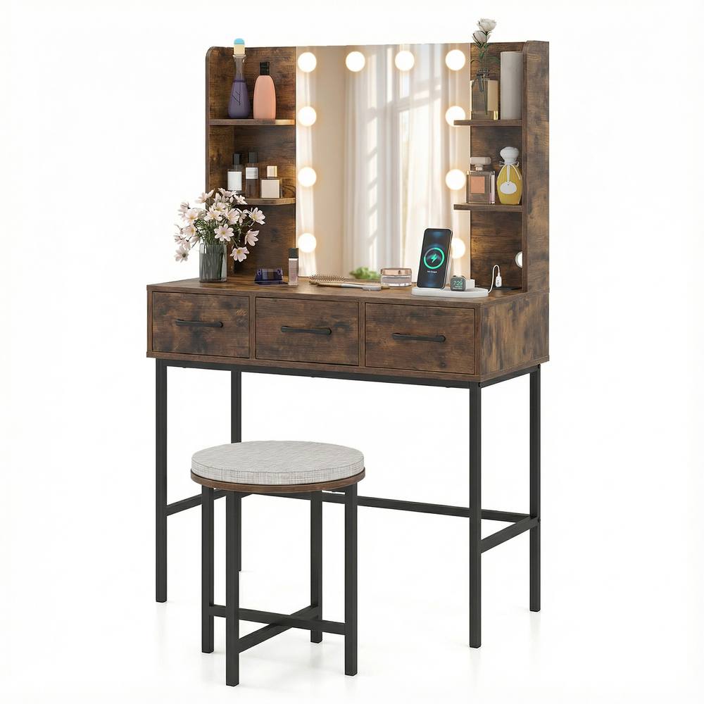 Costway Vanity Desk w/Mirror & Lights Makeup Table & Stool Set w/Power Outlets in Brown