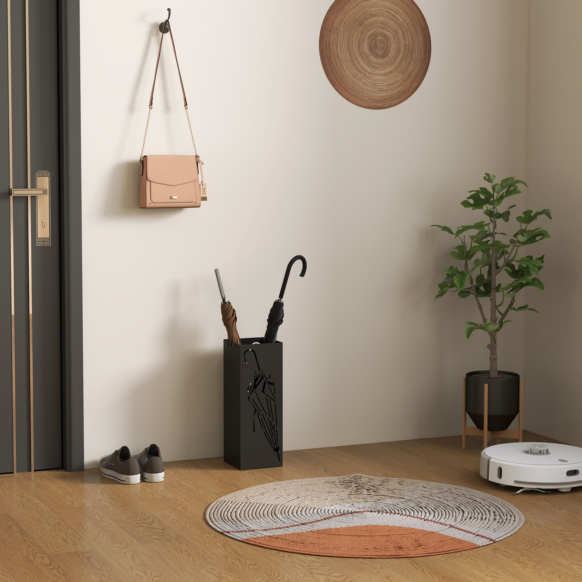 HOMCOM Square Umbrella Holder with Hooks & Water Tray for Entryway Black 6