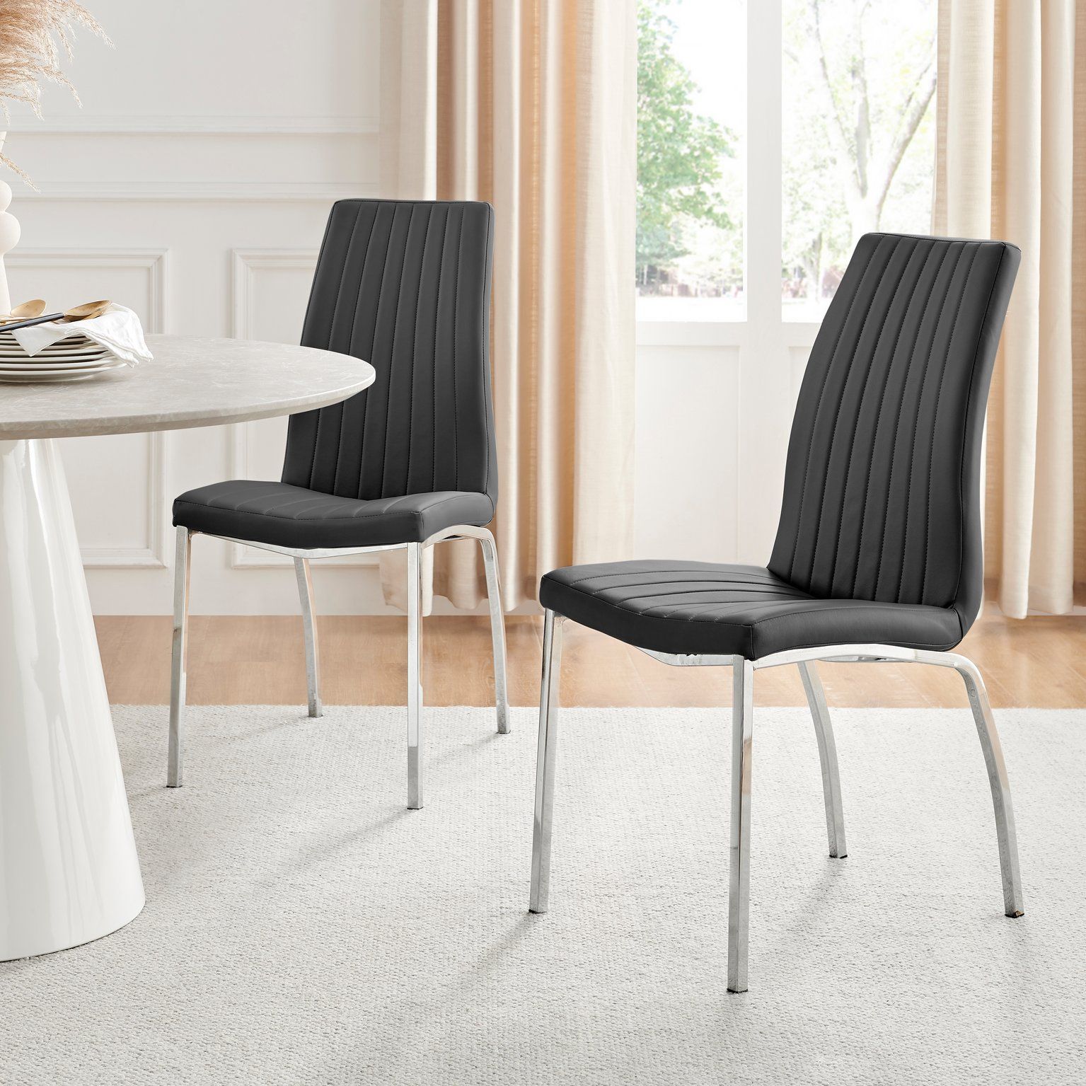 FurnitureboxUK Set of 2 Isco Deep Cushioned Soft Touch Faux Leather Dining Chairs With Silver Chrome Metal Legs in Black