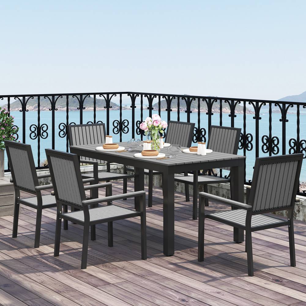 OUTSUNNY 6 Seater Aluminium Garden Dining Set with Stackable Chairs in Grey