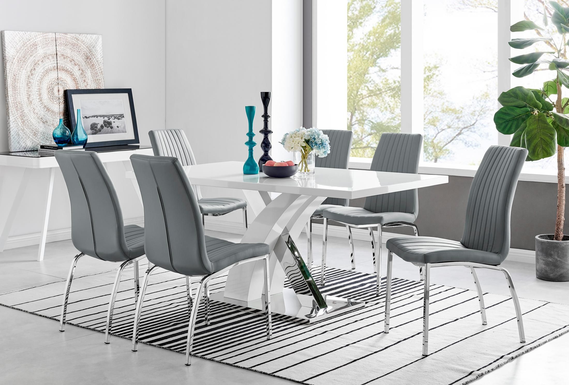 FurnitureboxUK Atlanta Modern Rectangle Chrome Metal High Gloss White Dining Table & 6 Isco Chairs Set in Grey