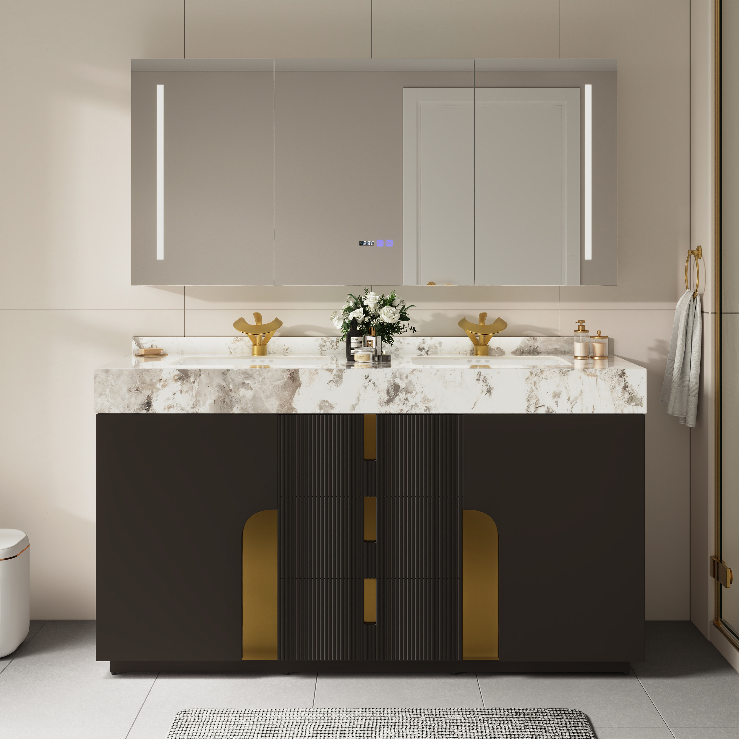 Artis 150 cm Double Sink Bathroom Vanity with Sintered Stone Countertop, 3 Drawers