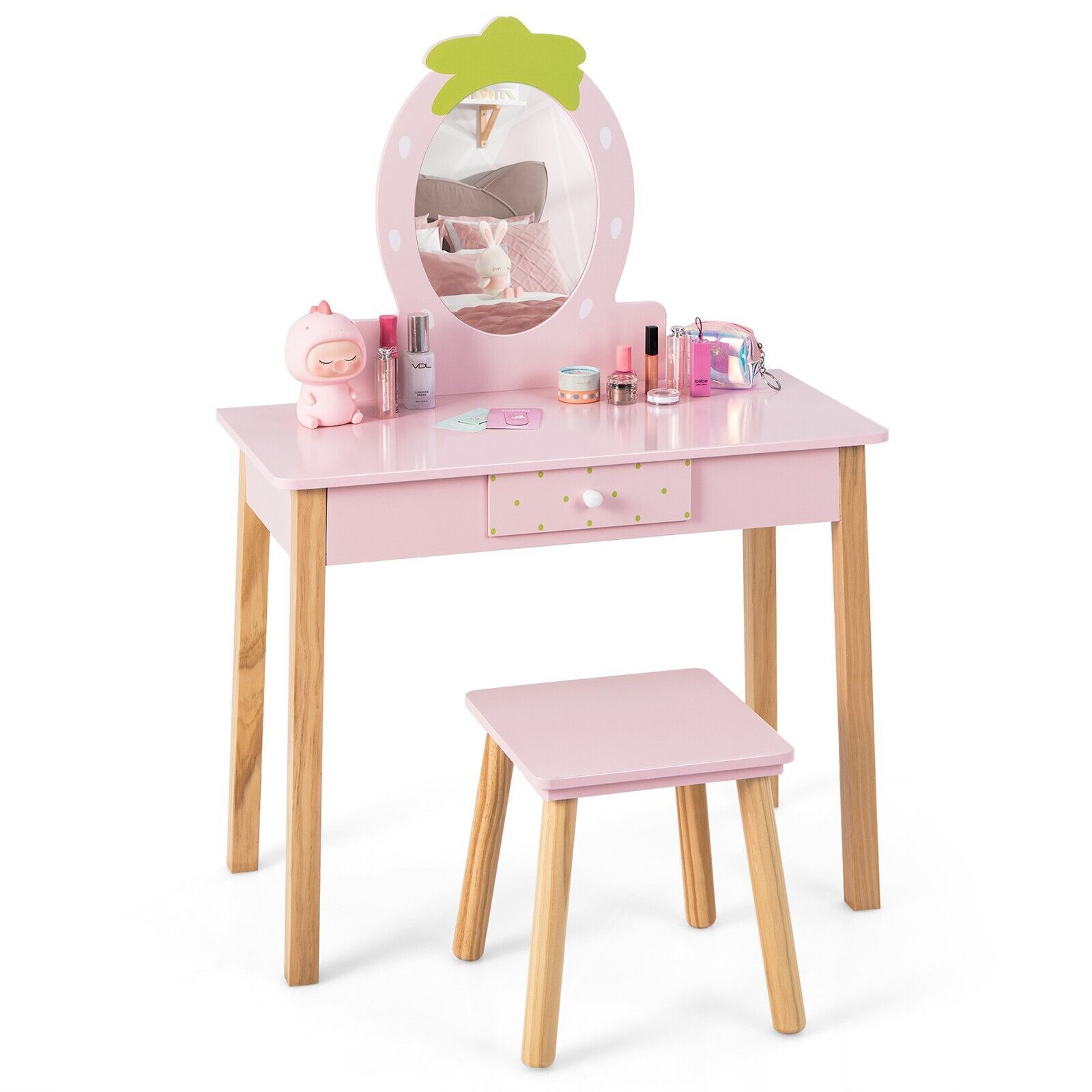 Costway 2in1 Vanity Set Wooden Vanity Set w/ Stool Mirror & Drawer in Pink