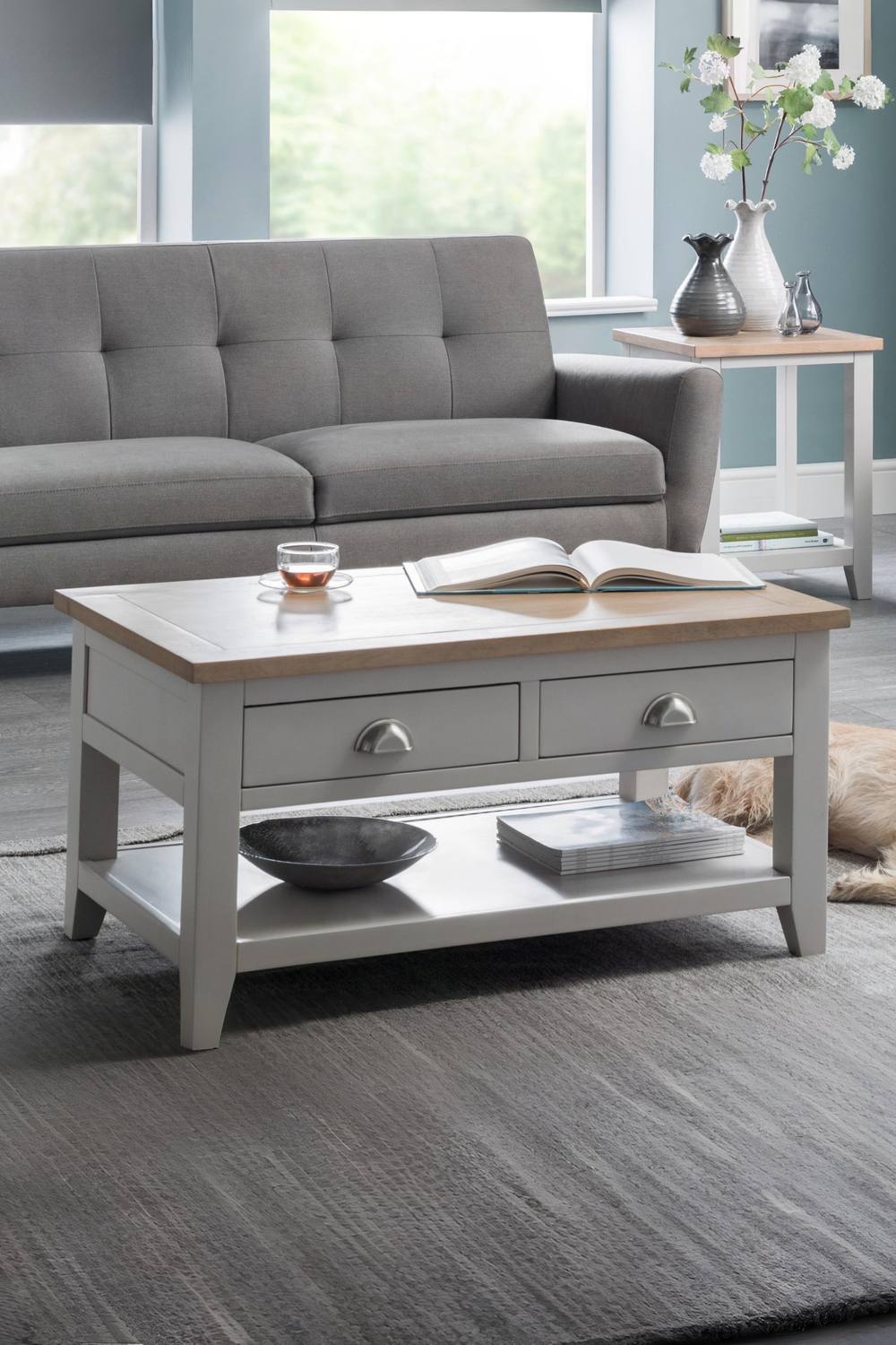 Julian Bowen Richmond 2 Drawer Coffee Table with Shelf in Light Grey