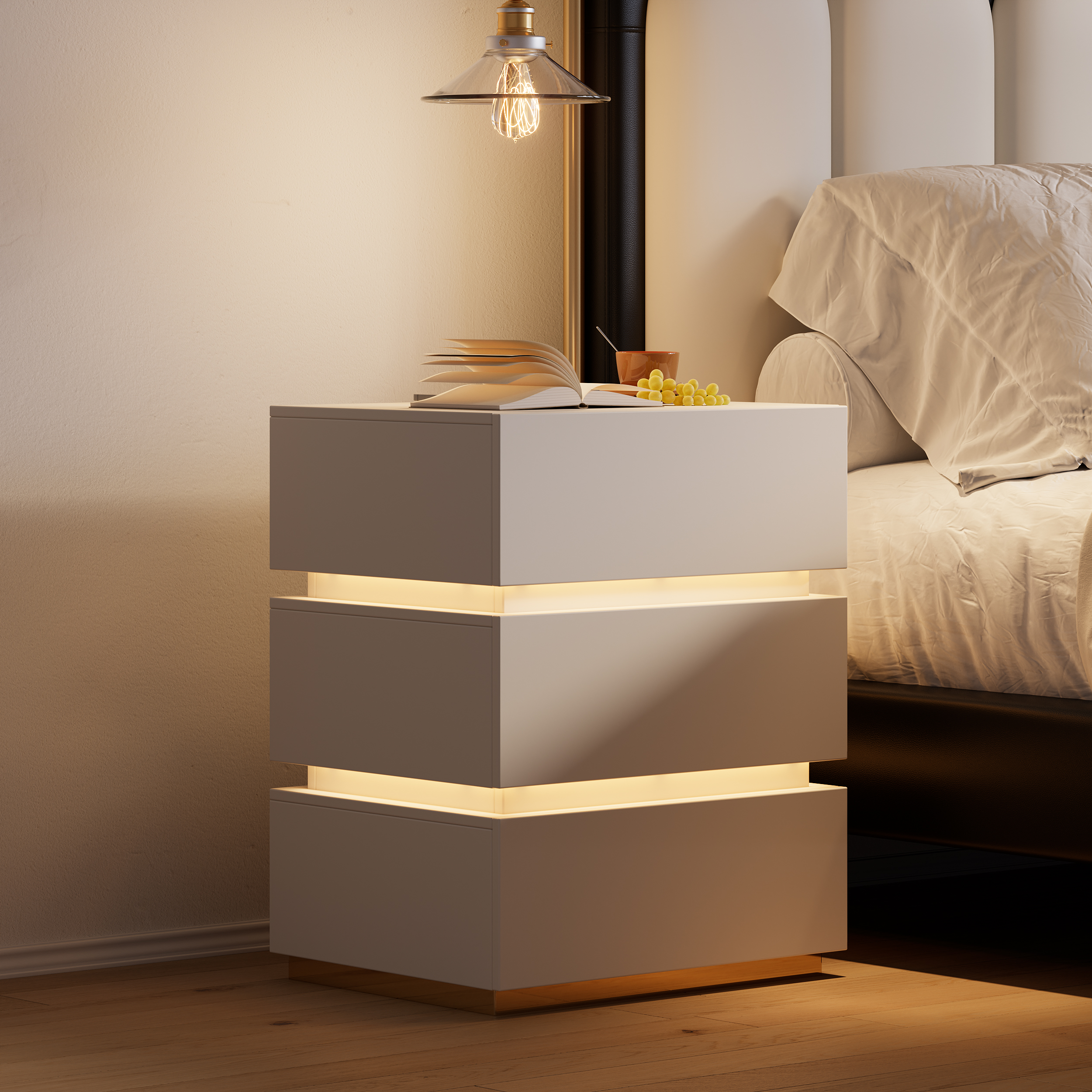 Smart 3-Drawer Bedside Table with Charging Station Bedside Table with Light in White