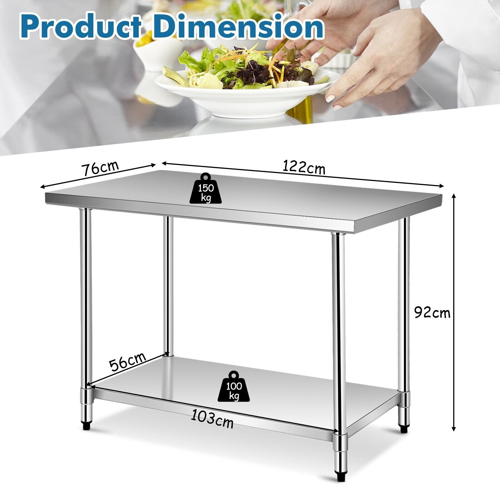 Costway 122 x 76 cm Stainless Steel Kitchen Prep Table Rolling Work Table Commercial Catering Table in Silver 2