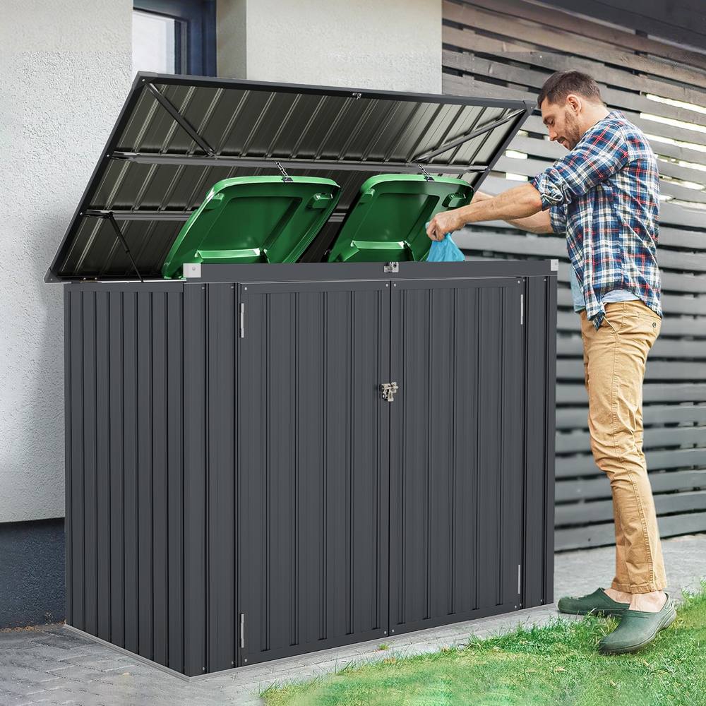 Costway Outdoor Trash Can Storage Shed Large Lockable Garden Shed w/ 2 Doors in Dark Grey