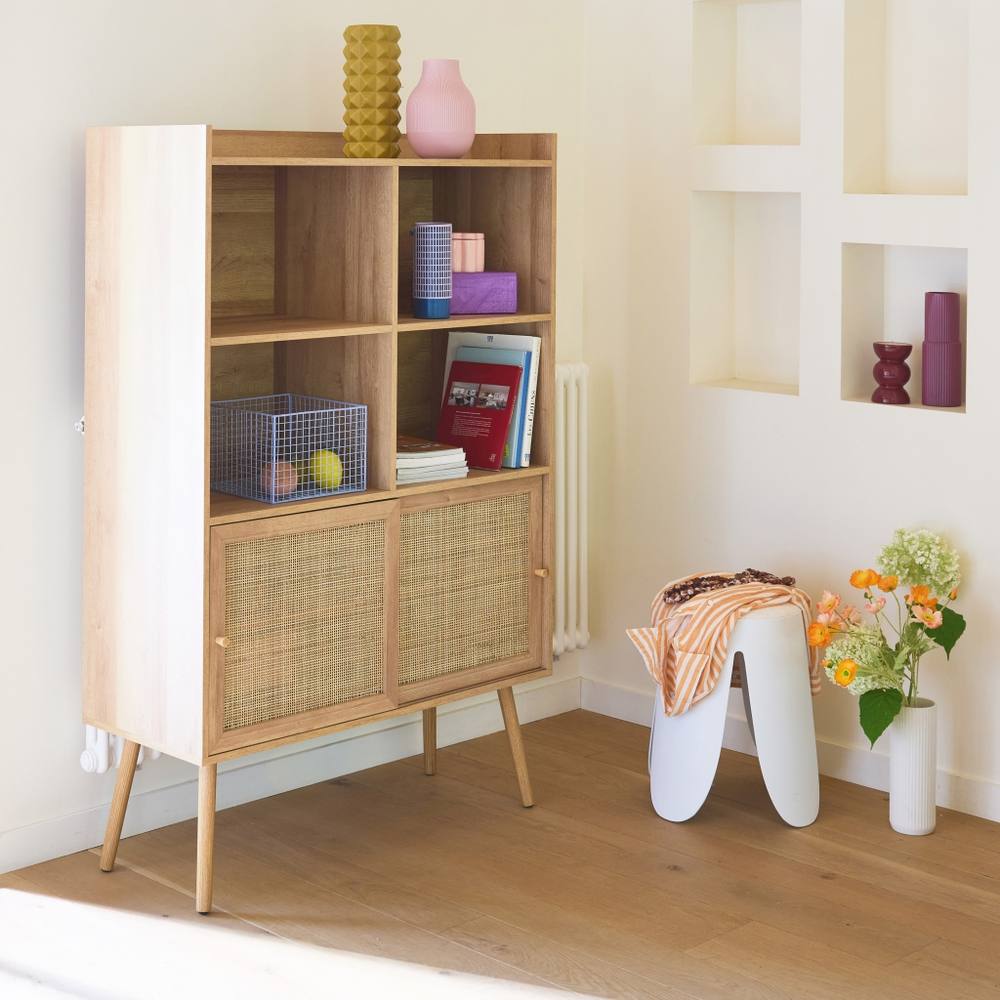 sweeek 5-shelf Bookcase Sliding Doors With Wood & Cane Effect in Light Brown