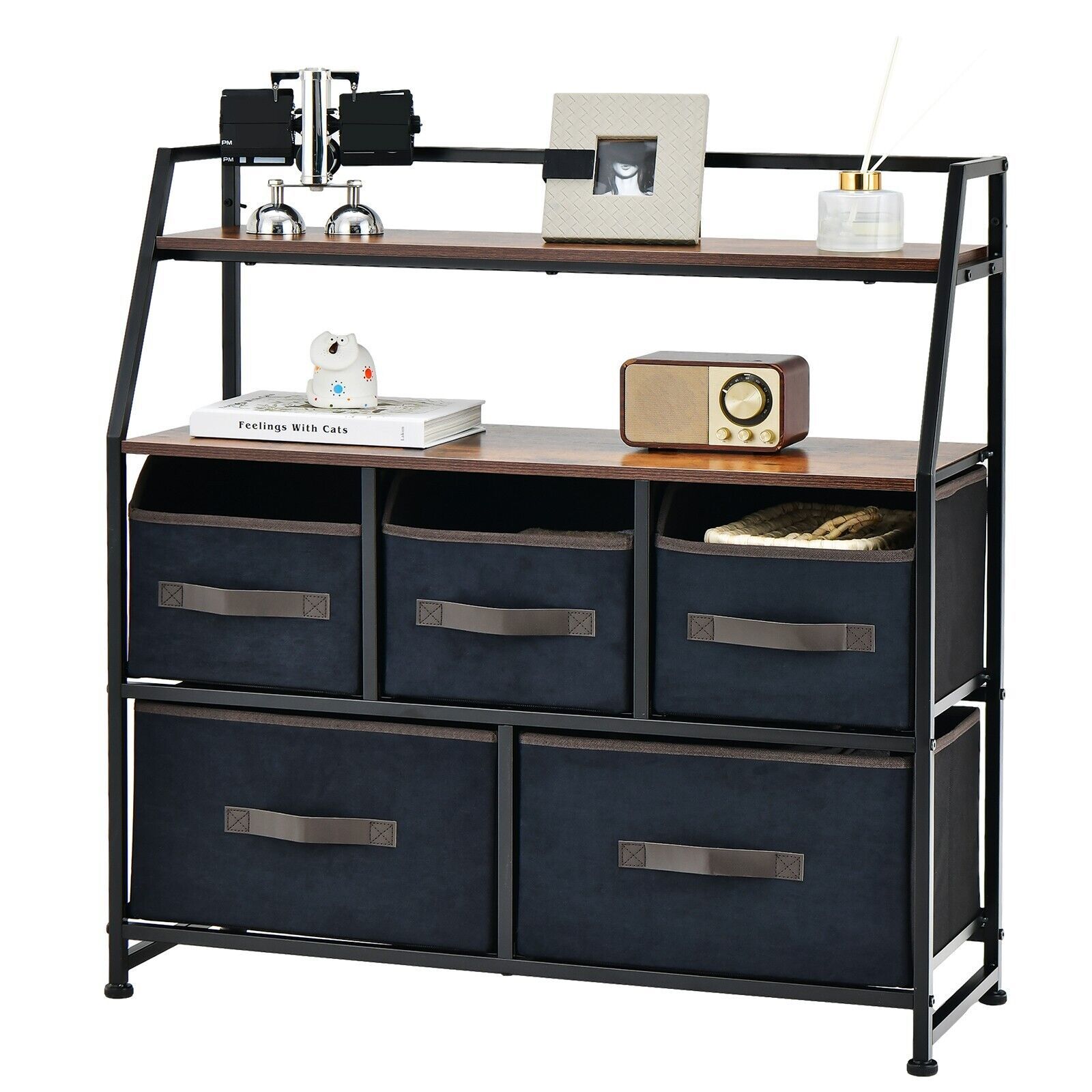 Costway Industrial 5 Drawers Dresser Organizer Fabric Storage Organizer Chest of Drawers in Brown
